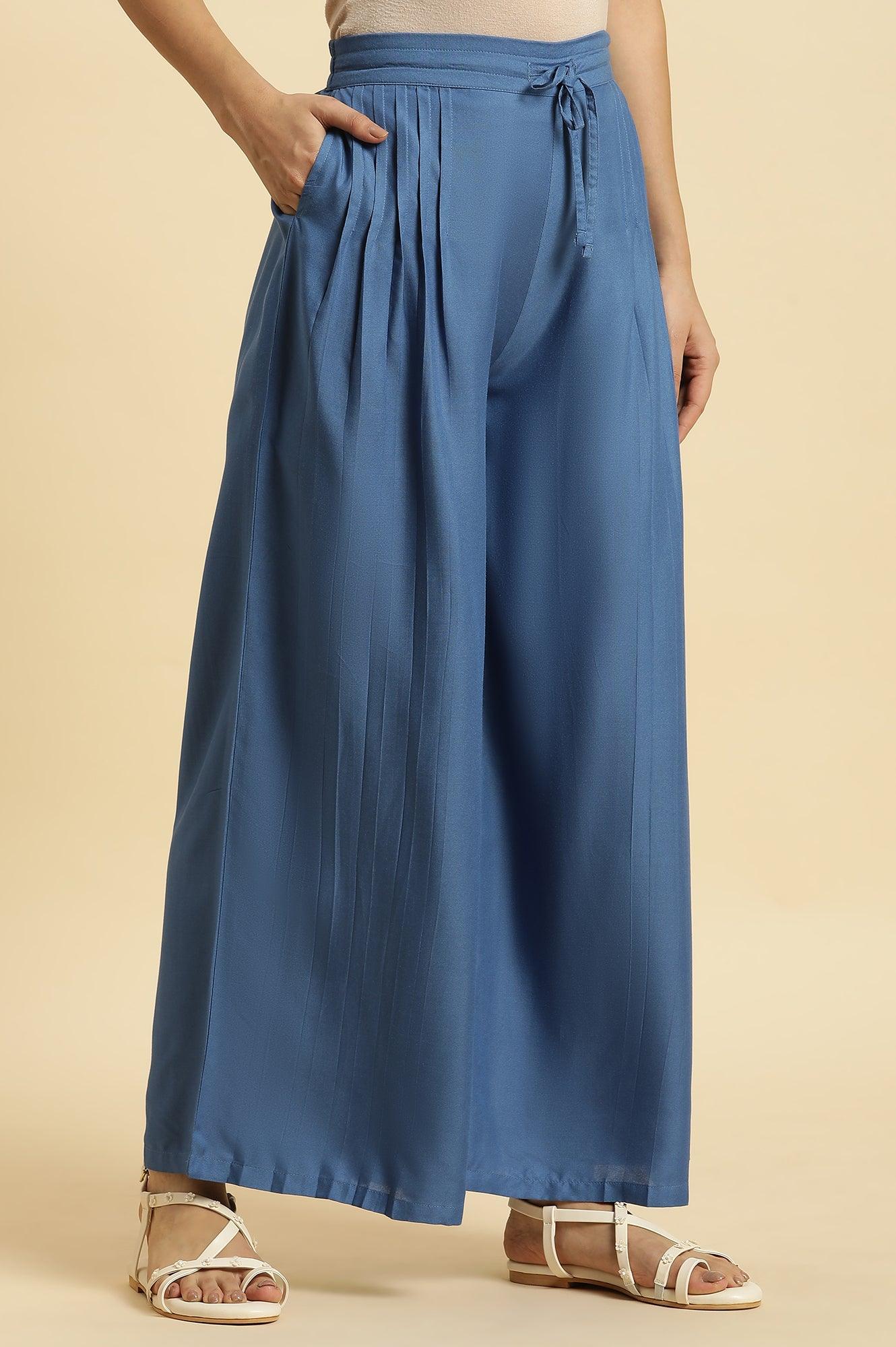 Blue Pleated Solid Parallel Pants - Image 4