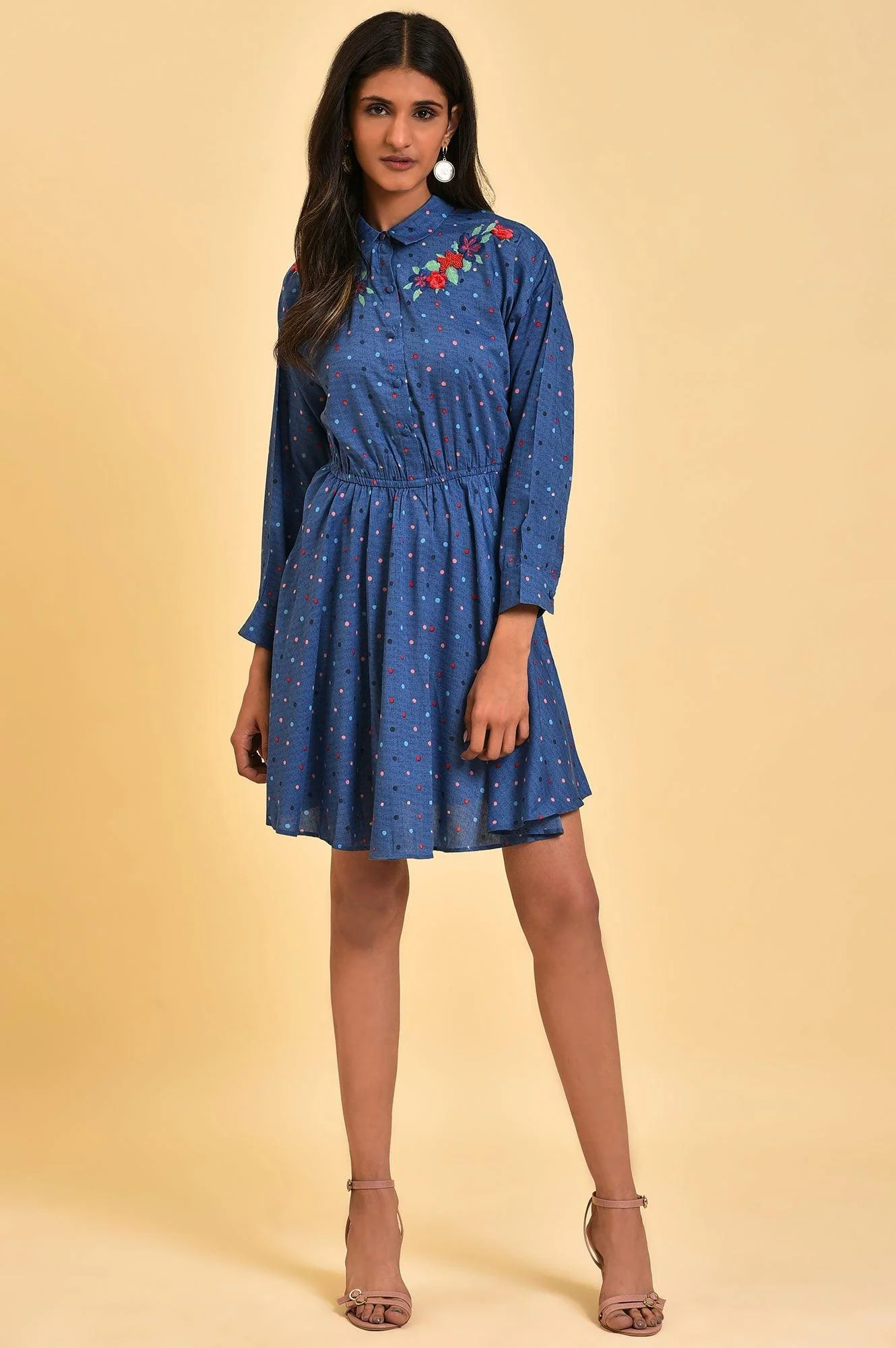 Blue Polka Dot Embroidered Dress - Image 6