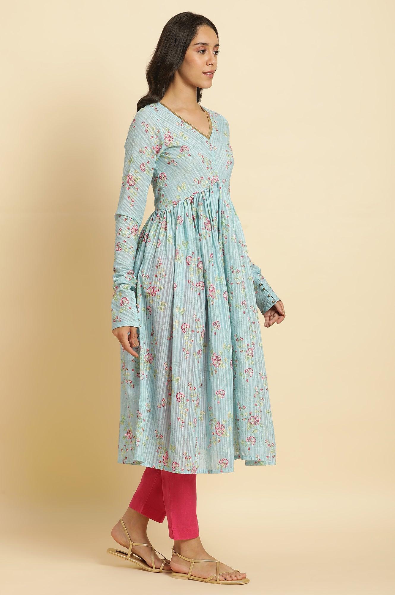 Blue Printed Anarkali Kurta, Pants & Dupatta Set - Image 4