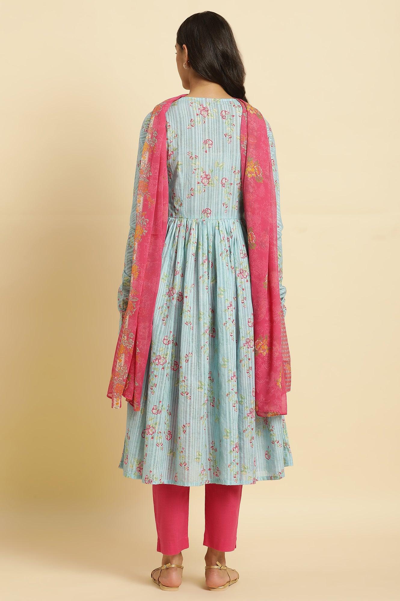 Blue Printed Anarkali Kurta, Pants & Dupatta Set - Image 5