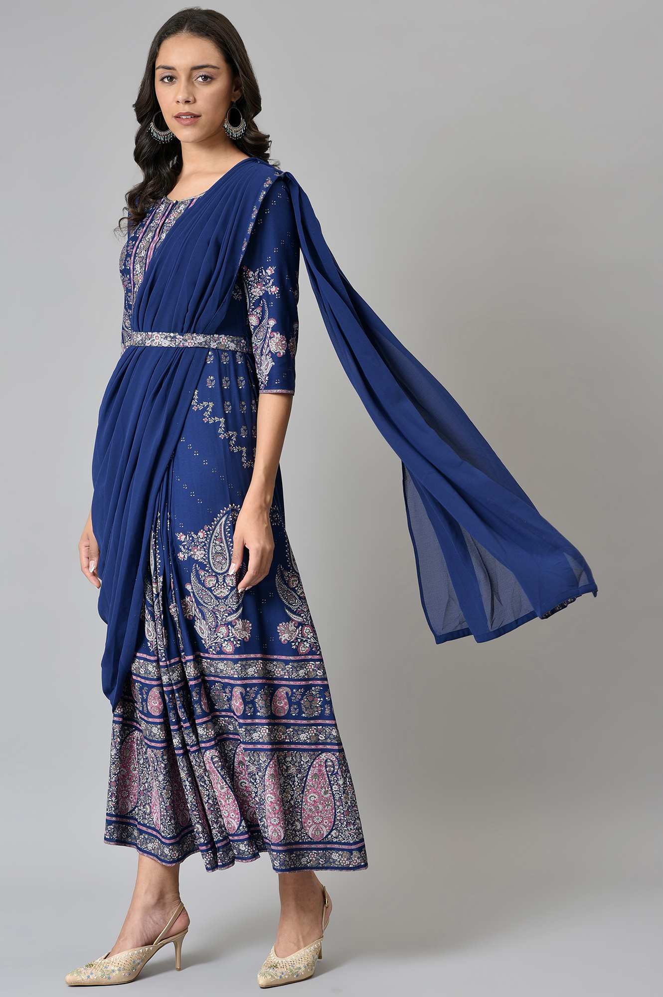 Blue Printed and Embroidered Insta Saree - Image 4