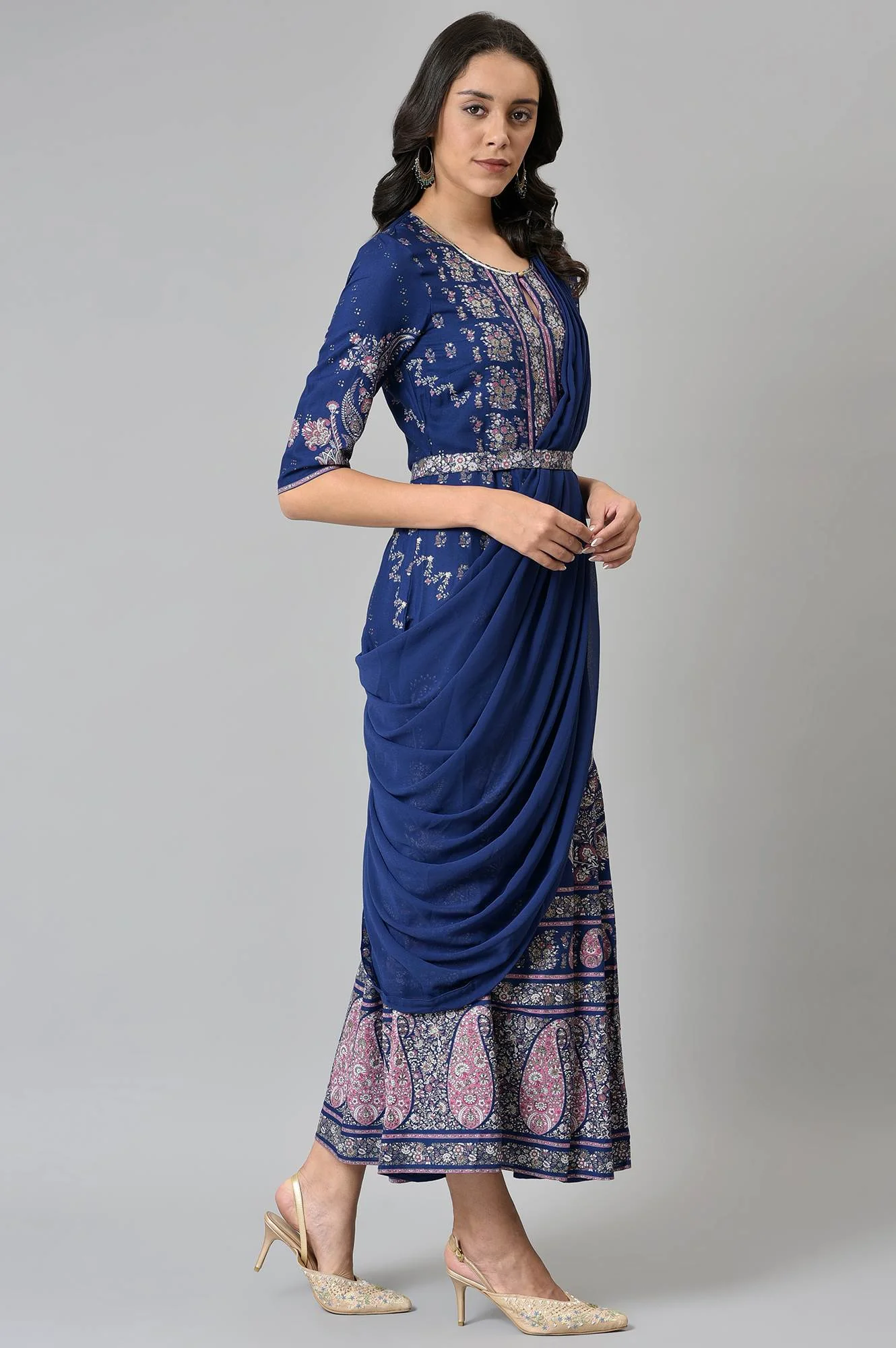 Blue Printed and Embroidered Insta Saree - Image 5
