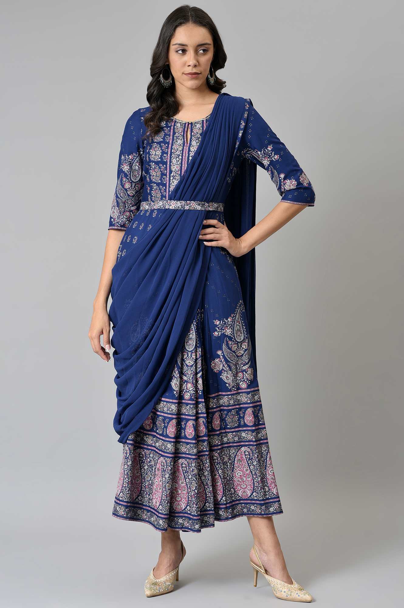 Blue Printed and Embroidered Insta Saree - Image 6