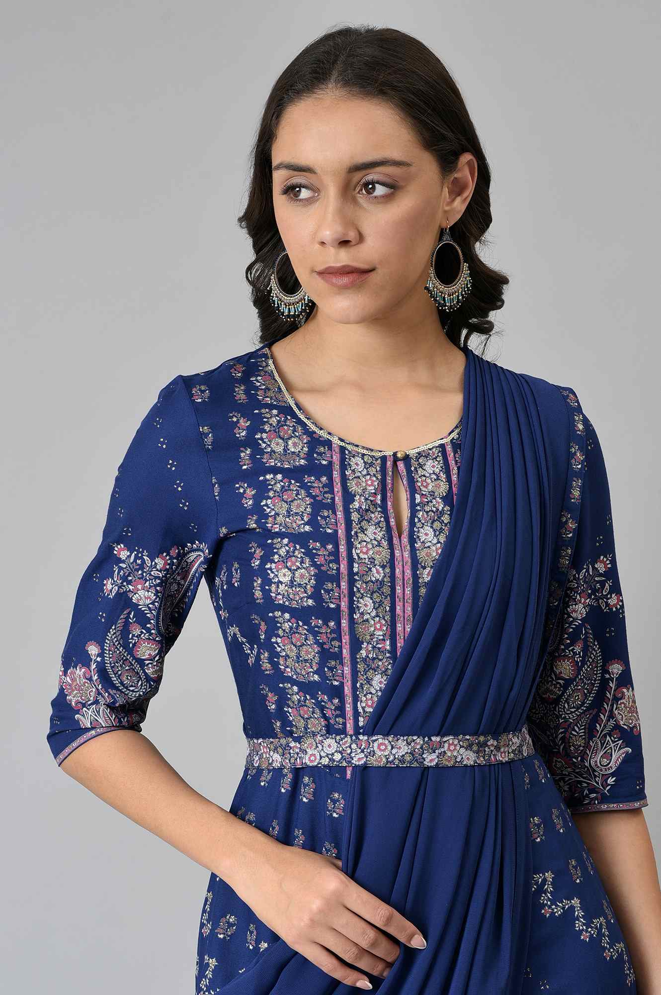 Blue Printed and Embroidered Insta Saree - Image 7