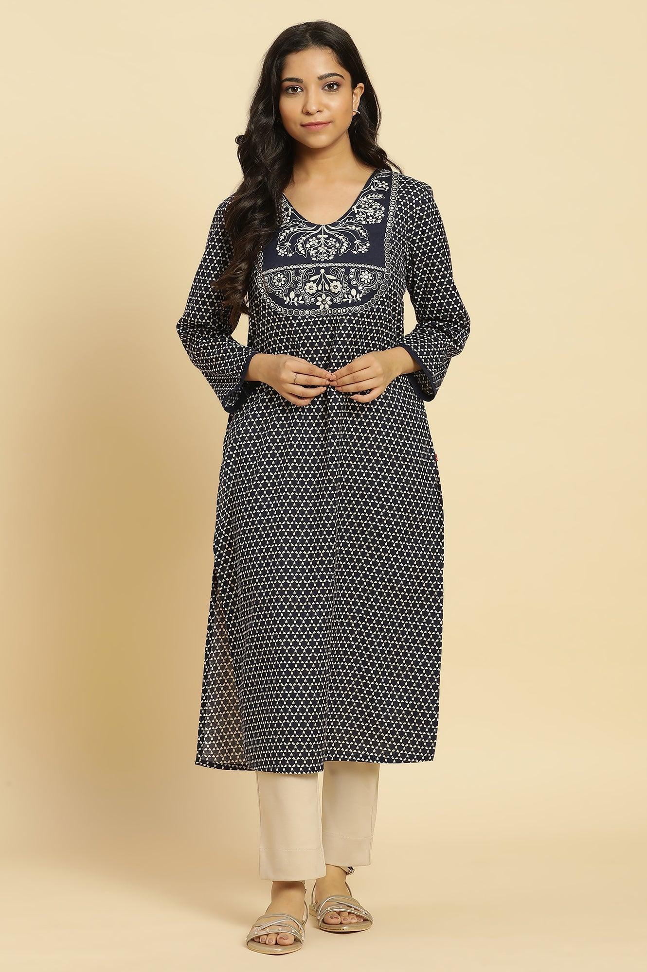 Blue Printed Cotton Kurta With Dori Embroidery - Image 2