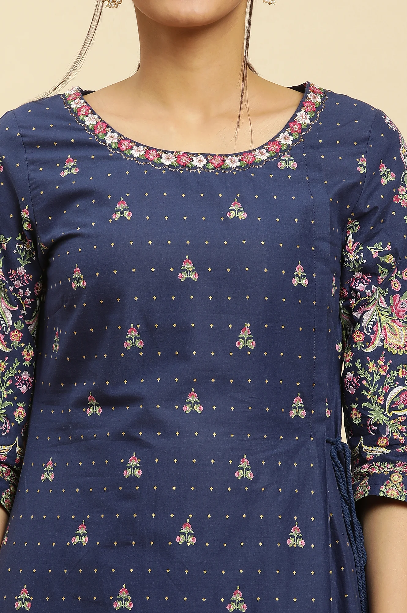 Blue Printed Festive Kurta wirh Side Tie-up Design - Image 6