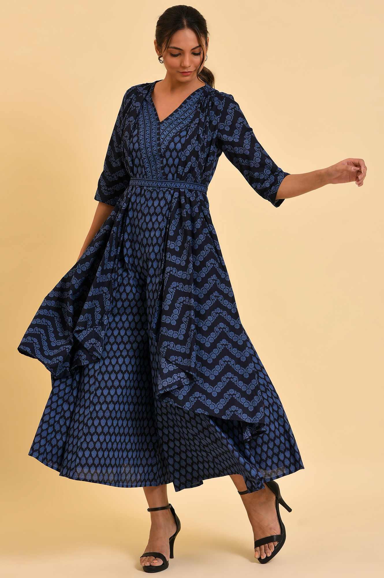 Blue Printed Kimono Jumpsuit With Belt - Image 2