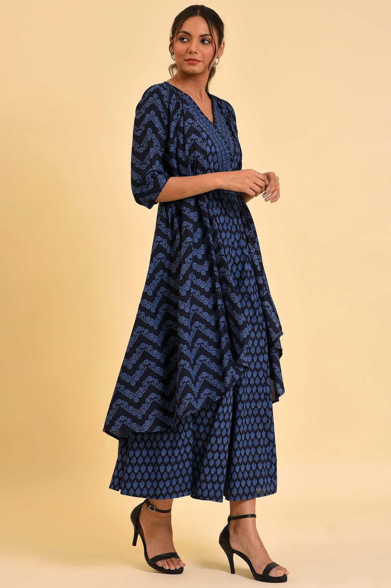 Blue Printed Kimono Jumpsuit With Belt - Image 5
