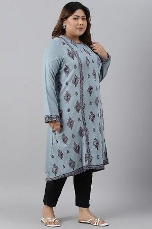 Blue Printed Knitted Winter Plus Size kurta - Image 3