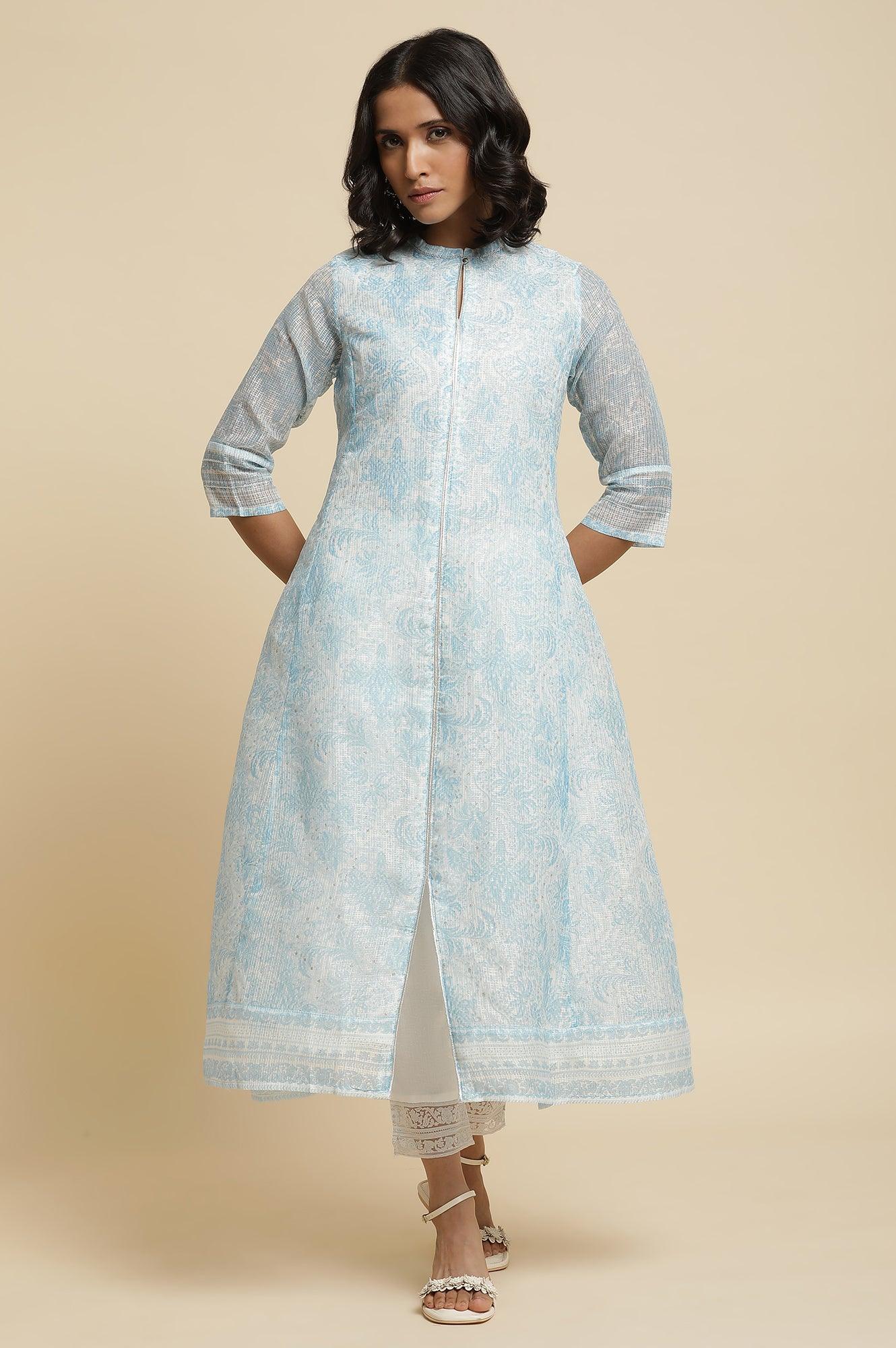 Blue Printed Kota Kurta & Pants Set - Image 2