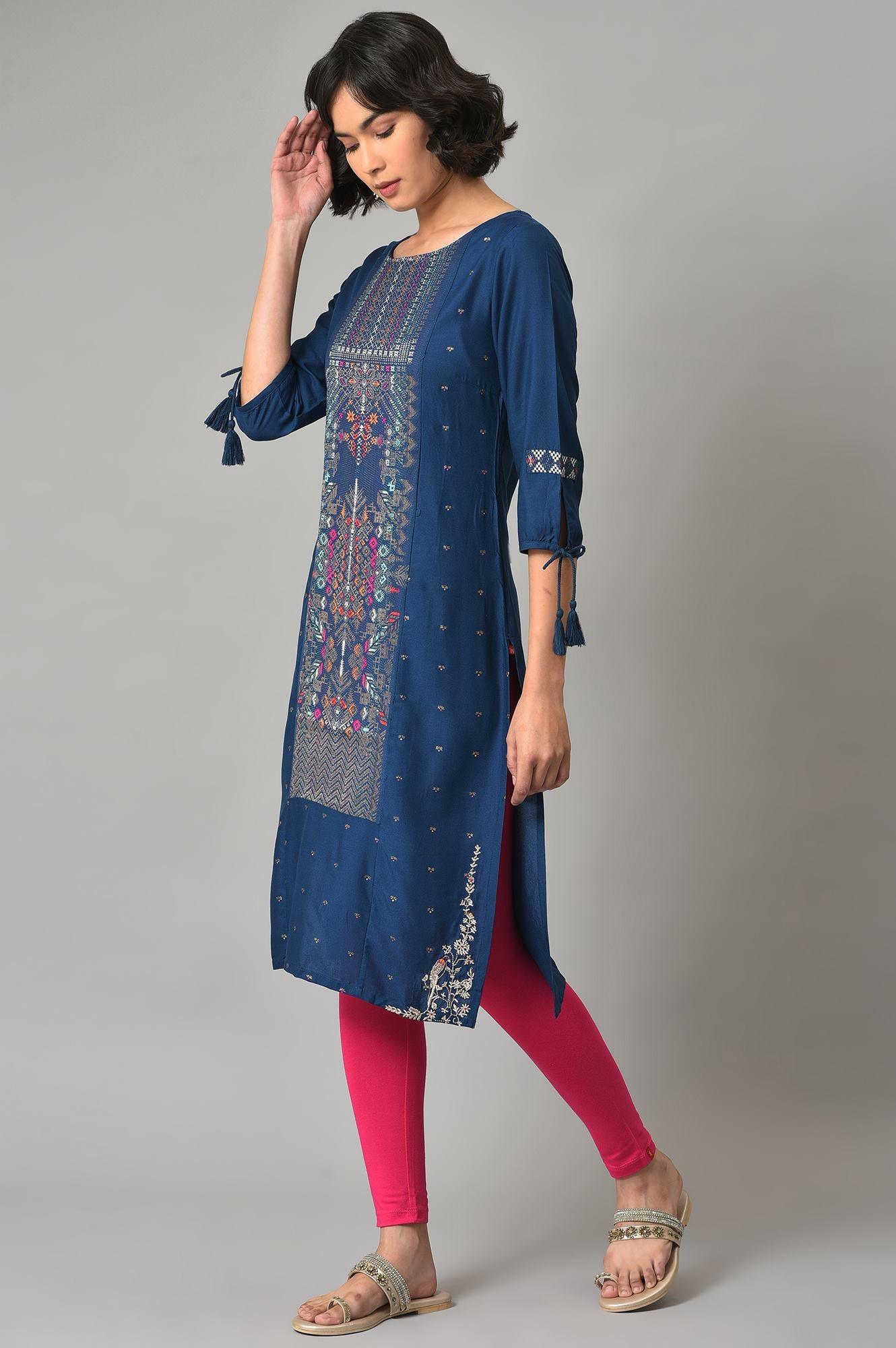 Blue Printed kurta With Pink Tights - Image 3