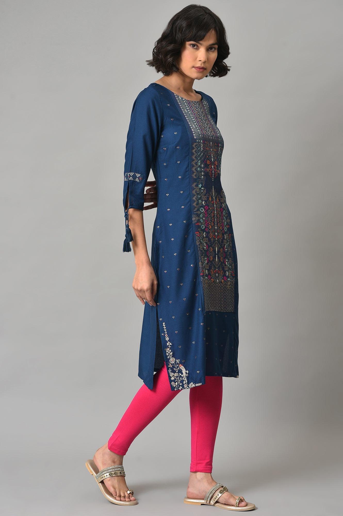 Blue Printed kurta With Pink Tights - Image 4