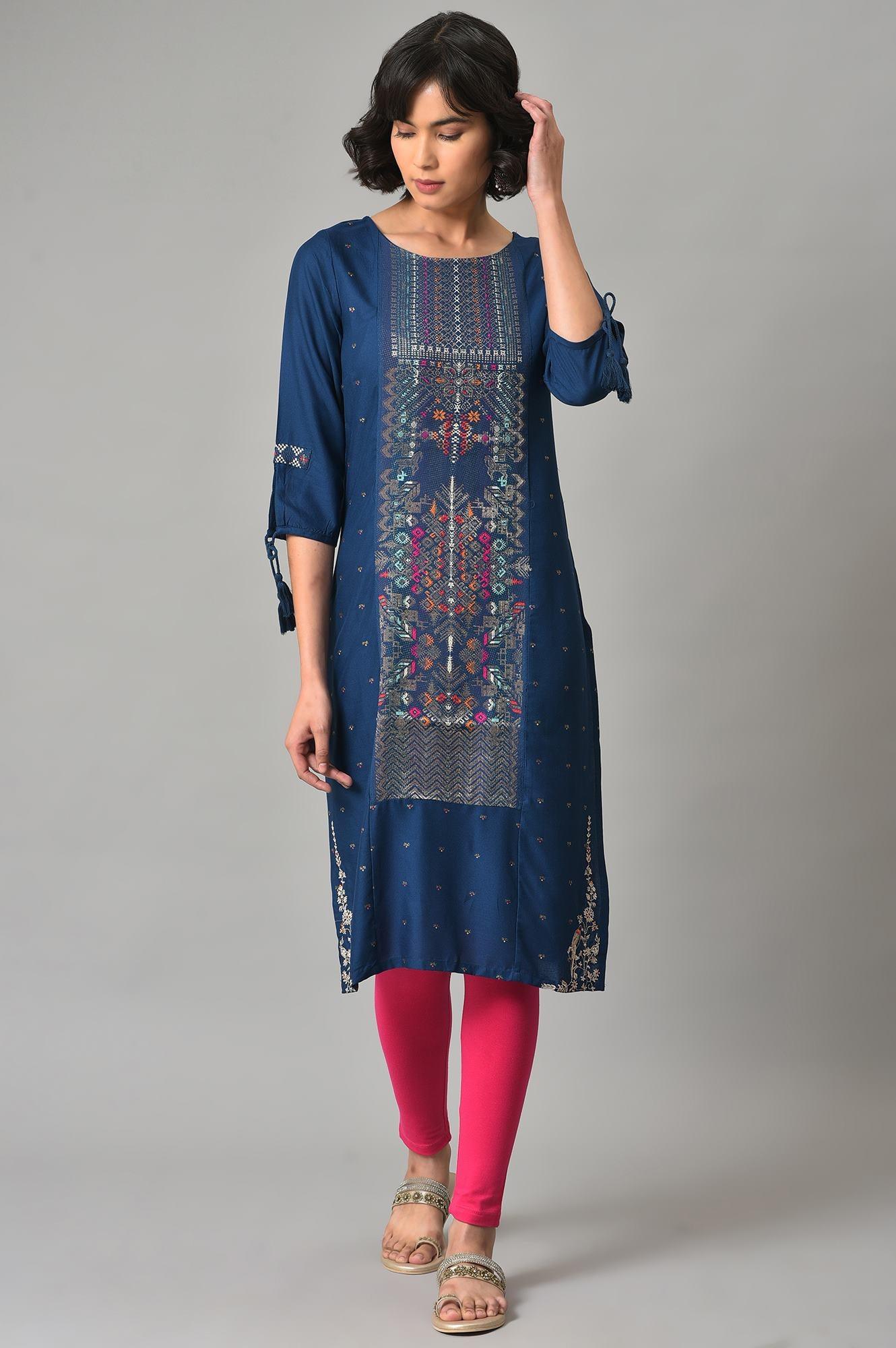 Blue Printed kurta With Pink Tights - Image 8