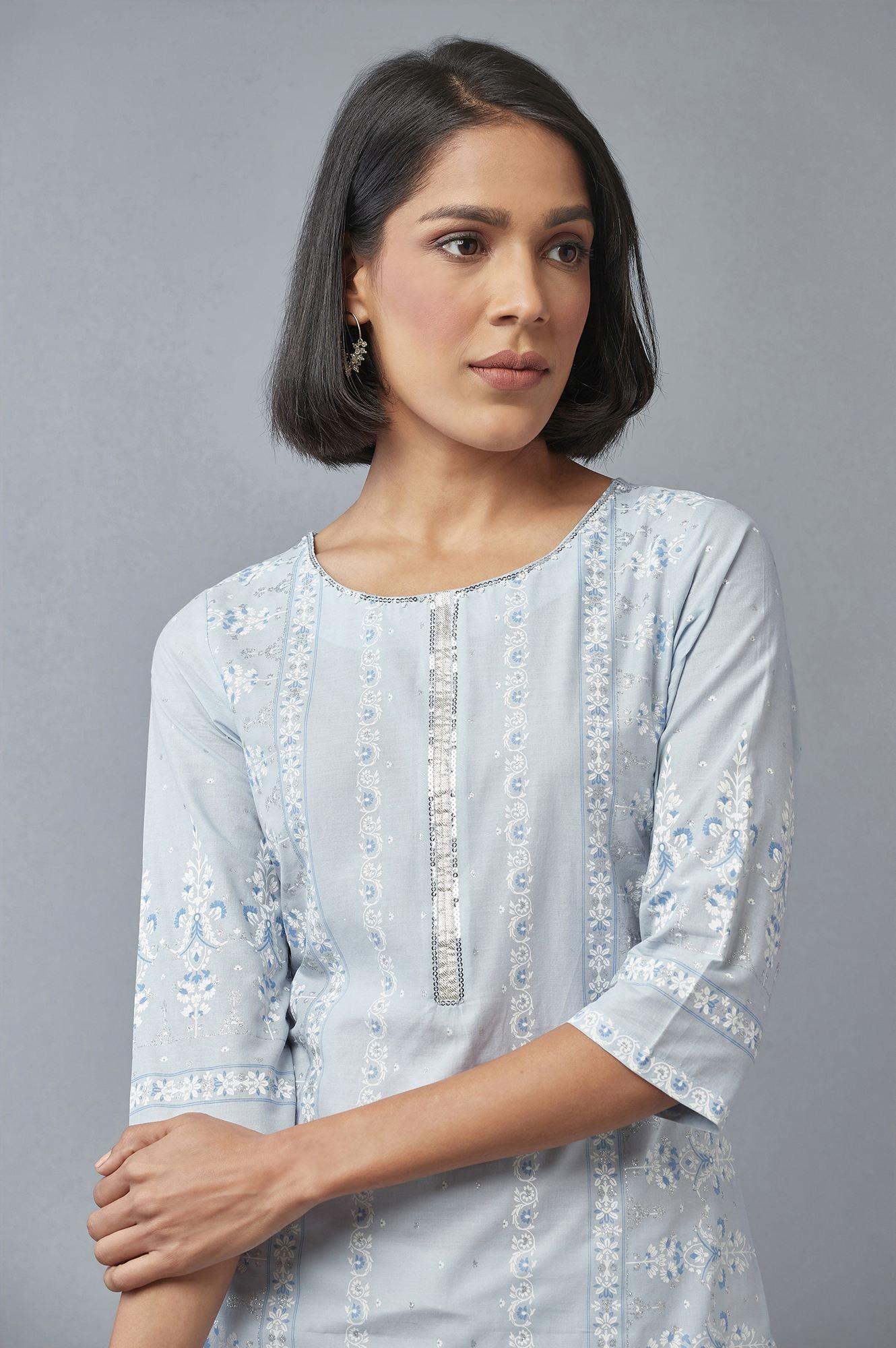 Blue Printed kurta with Sequins - Image 5