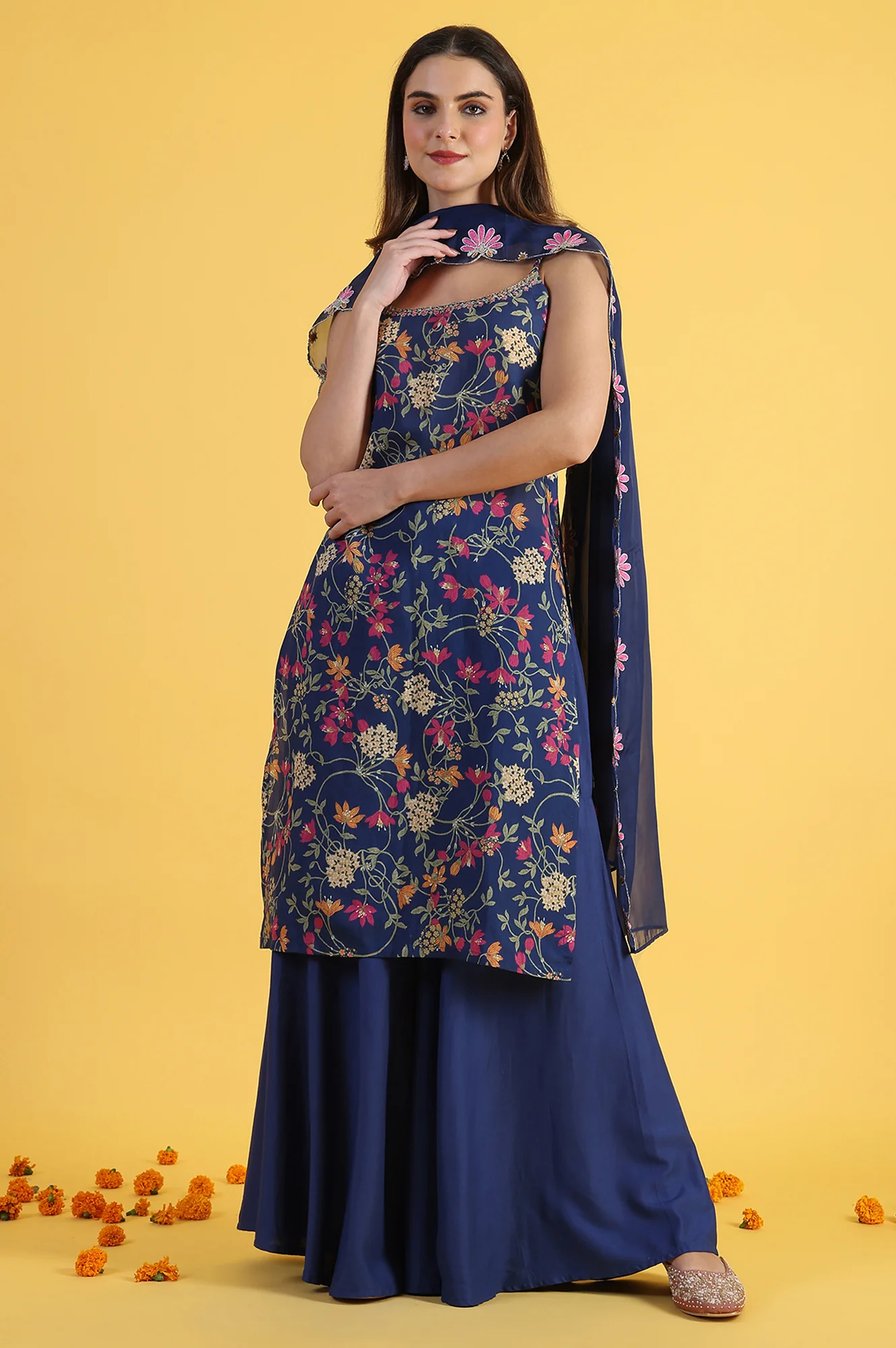 Blue Printed Metallic Embroidery Straight Kurta & Sharara with Dupatta Set - Image 2