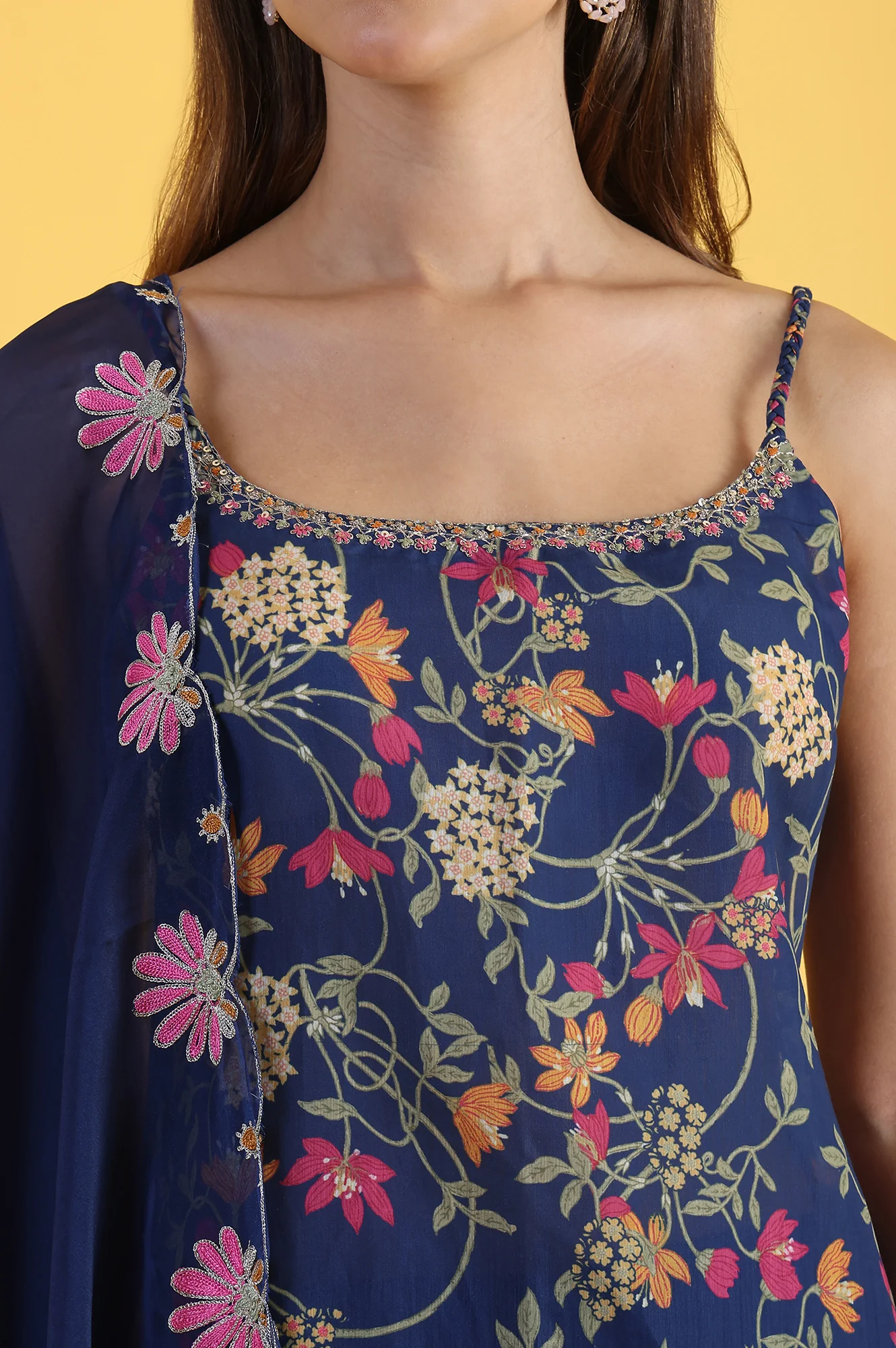 Blue Printed Metallic Embroidery Straight Kurta & Sharara with Dupatta Set - Image 3