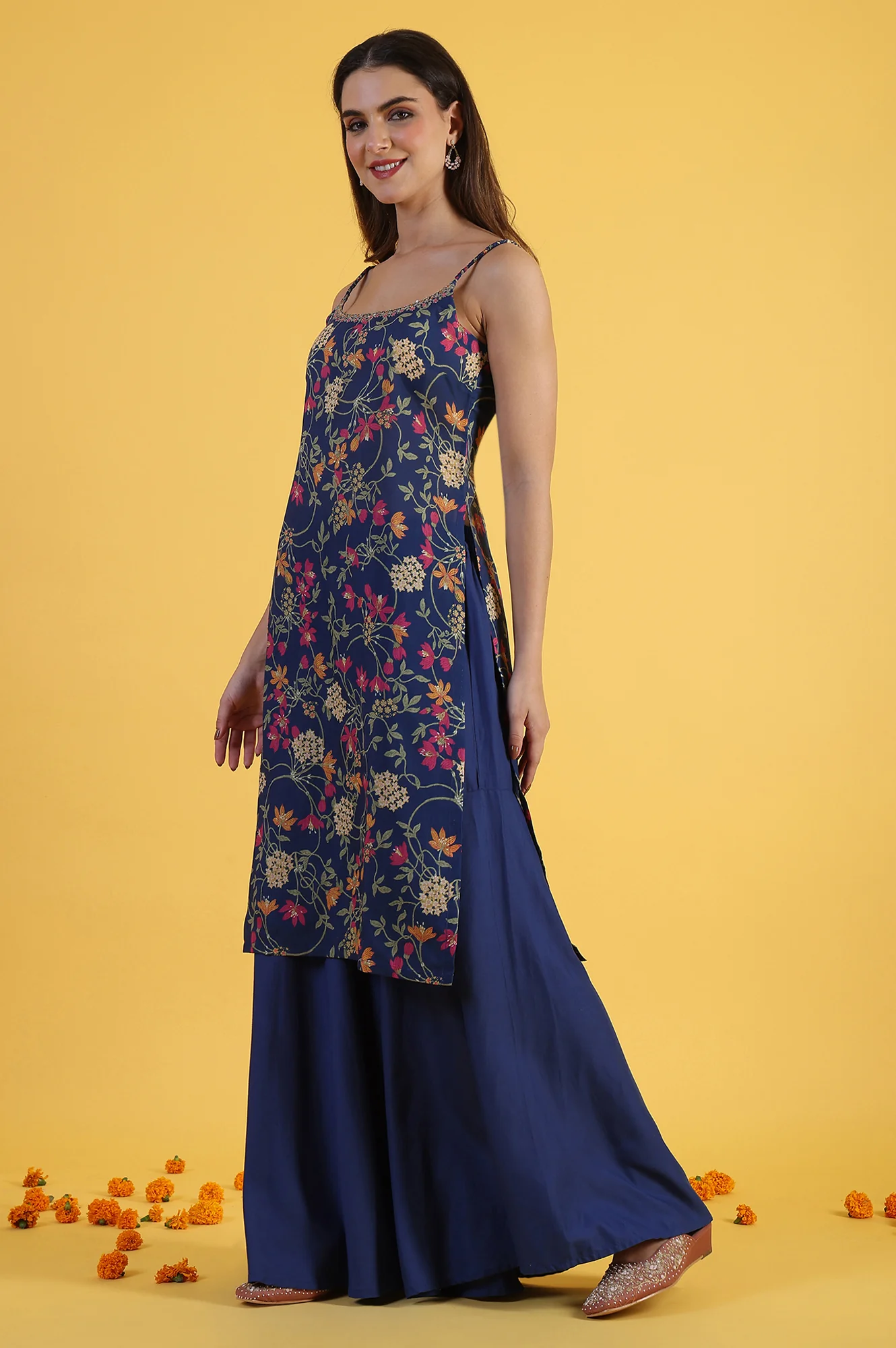 Blue Printed Metallic Embroidery Straight Kurta & Sharara with Dupatta Set - Image 4