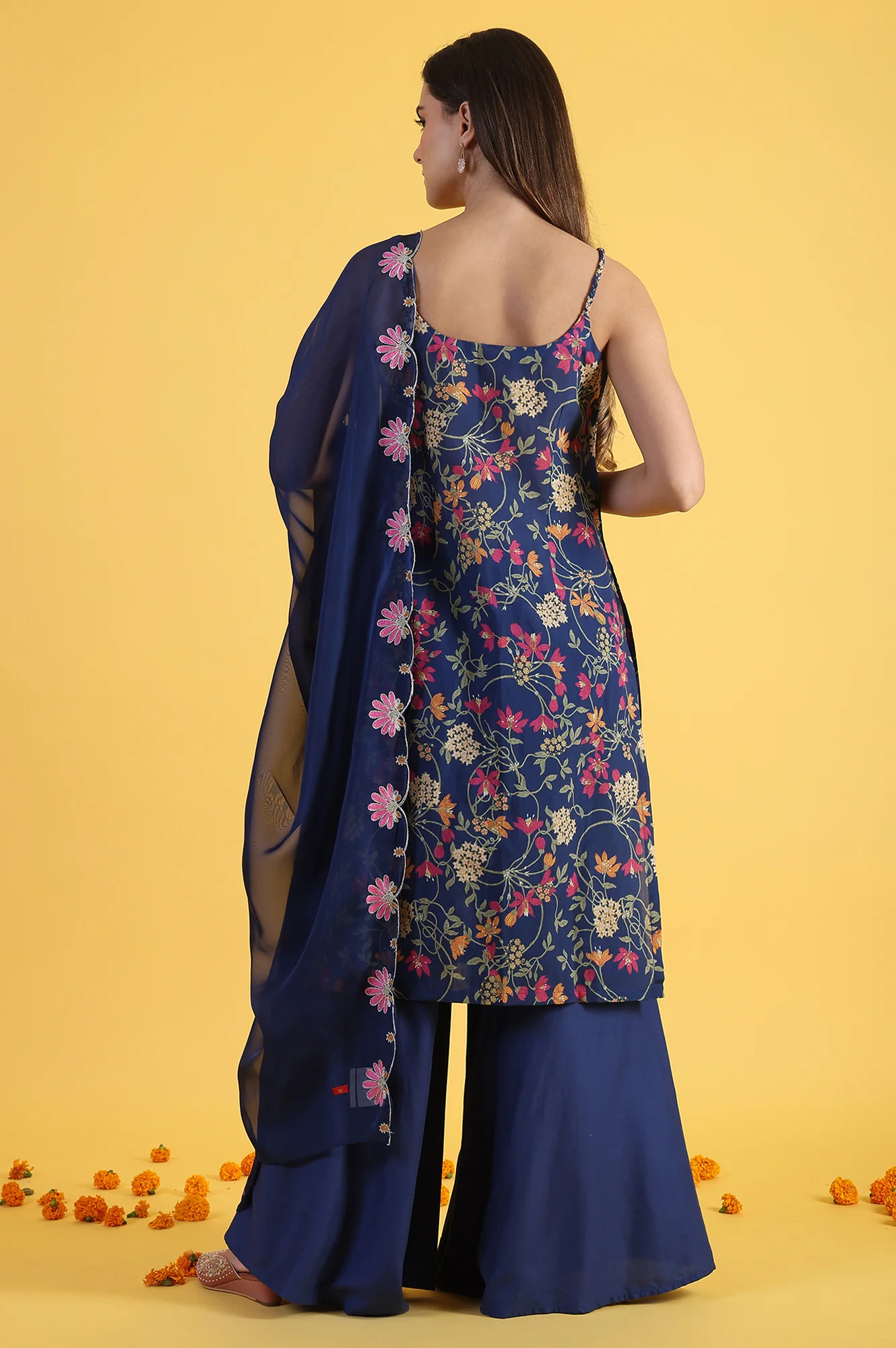 Blue Printed Metallic Embroidery Straight Kurta & Sharara with Dupatta Set - Image 5