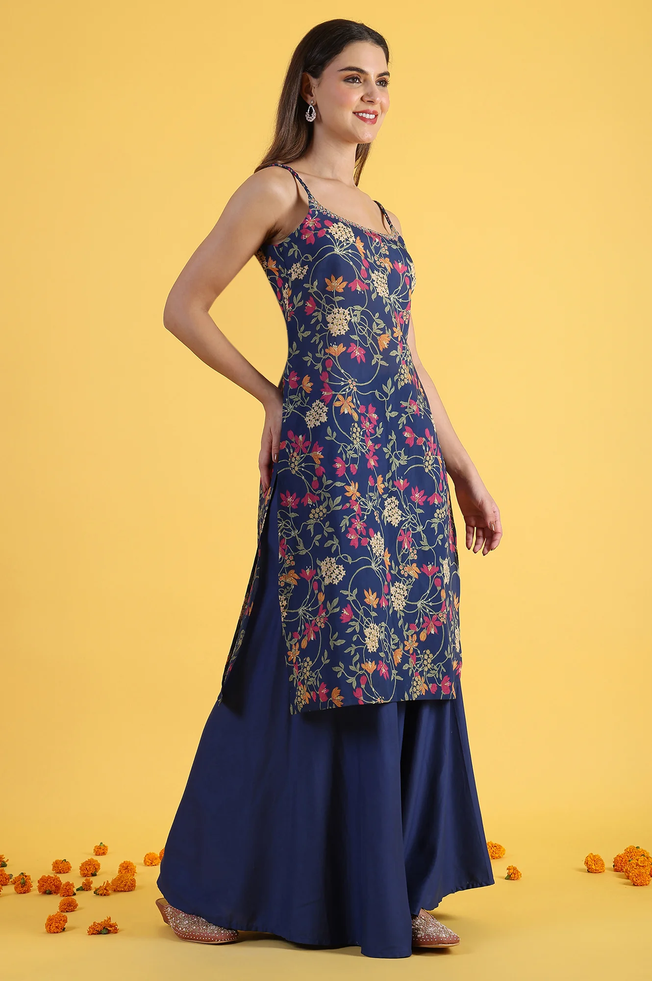 Blue Printed Metallic Embroidery Straight Kurta & Sharara with Dupatta Set - Image 6