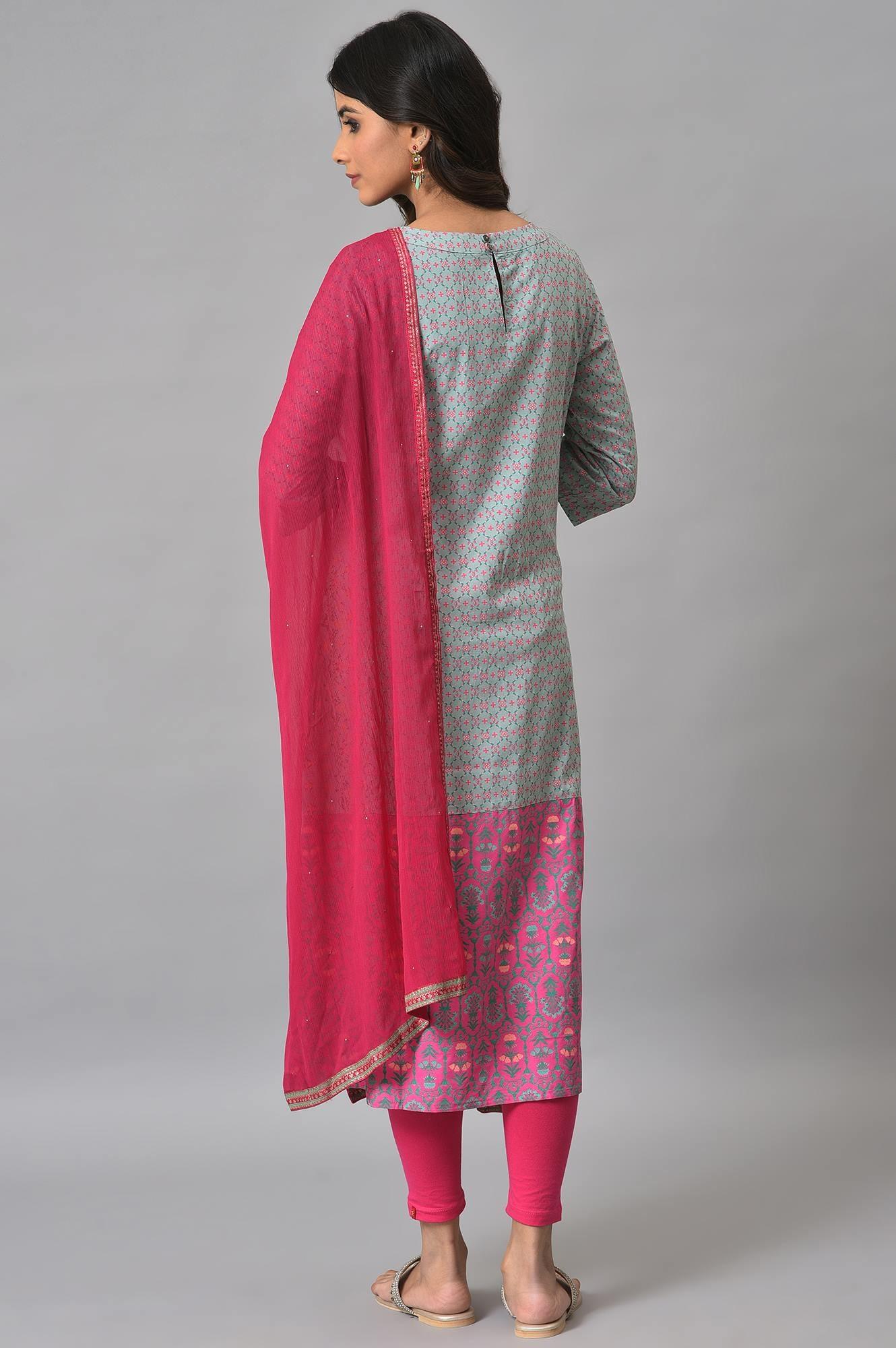 Blue Printed Round Neck kurta With Pink Tights And Dupatta - Image 2