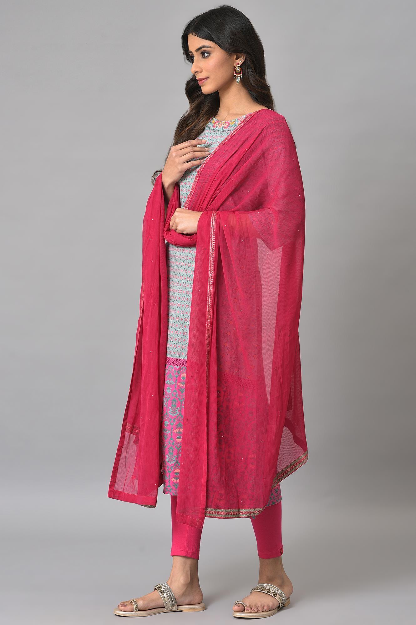 Blue Printed Round Neck kurta With Pink Tights And Dupatta - Image 3