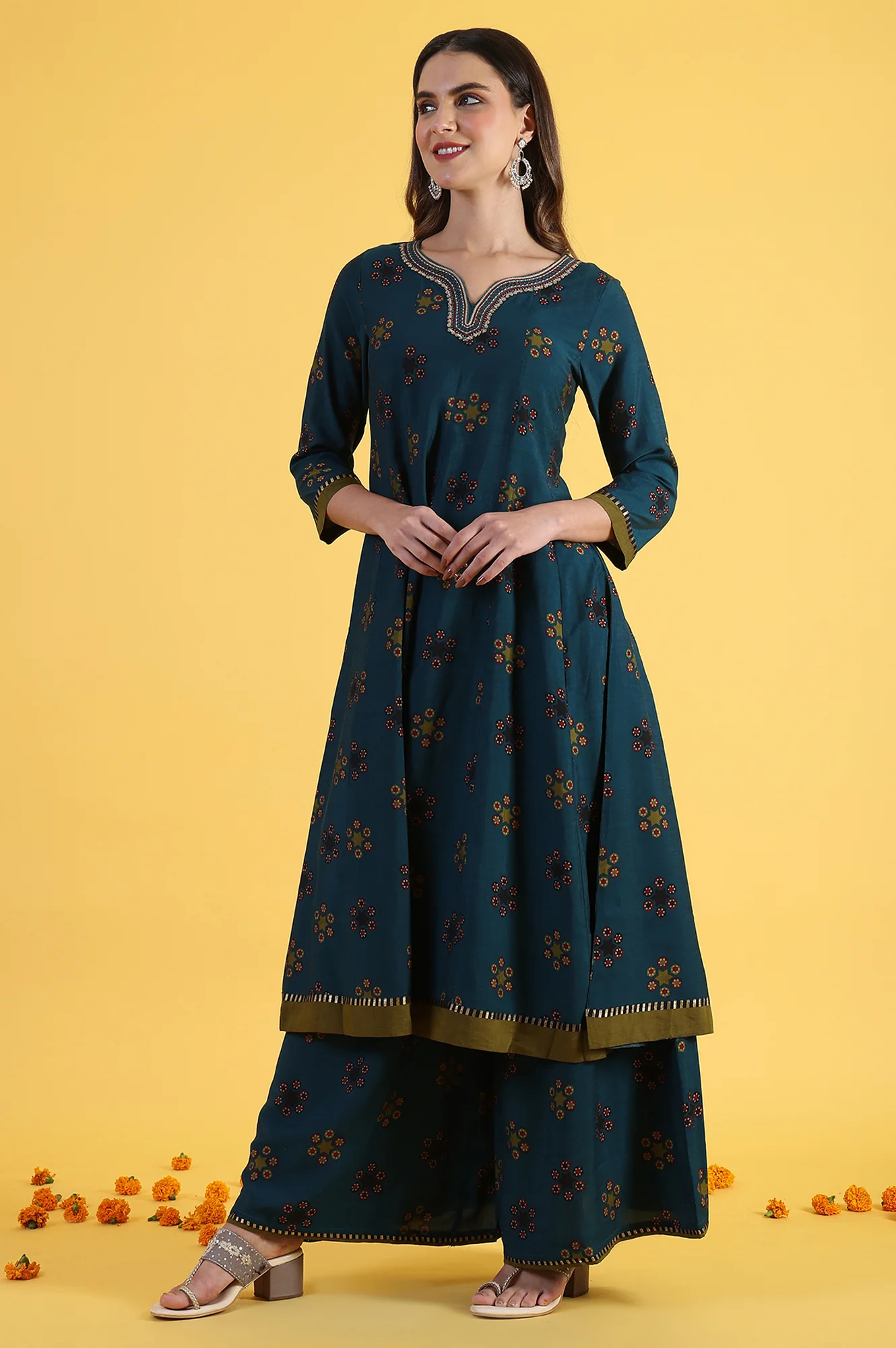 Blue Printed Sequins Flared Kurta & Flared Pants with Dupatta Set - Image 4