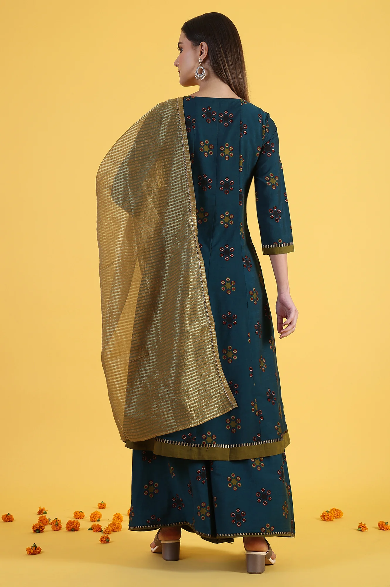 Blue Printed Sequins Flared Kurta & Flared Pants with Dupatta Set - Image 5