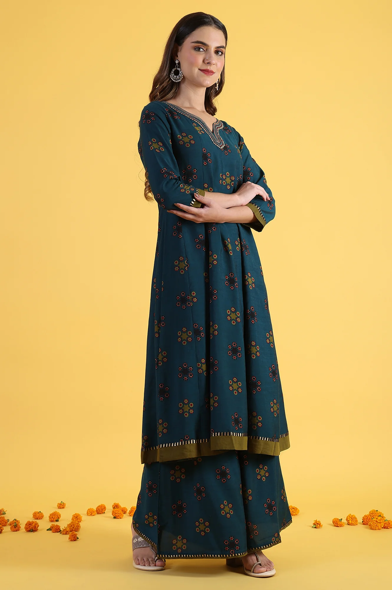 Blue Printed Sequins Flared Kurta & Flared Pants with Dupatta Set - Image 6
