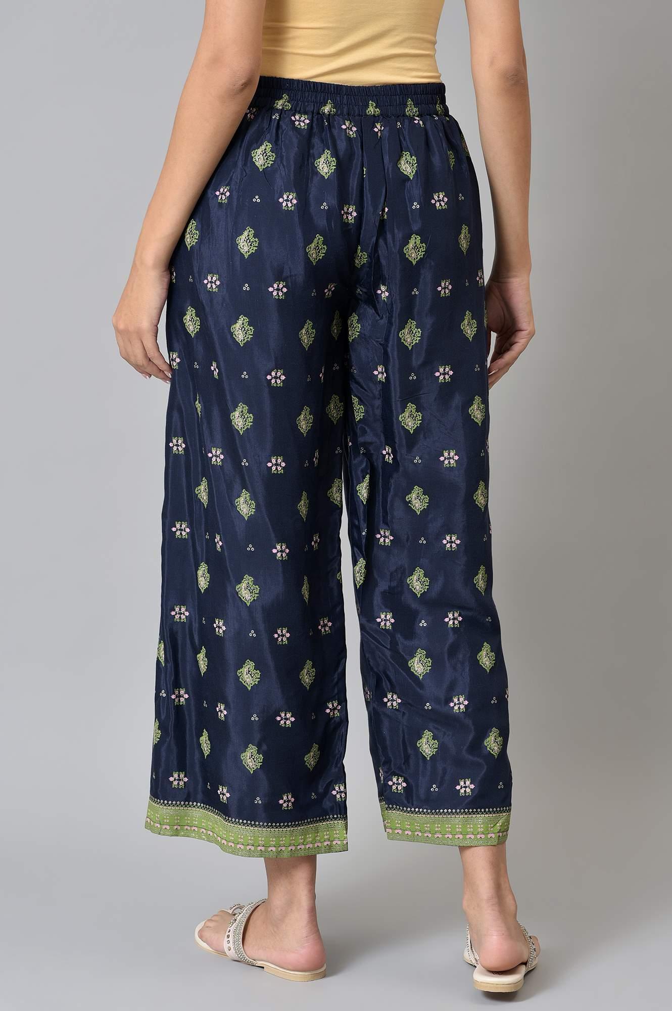 Blue Printed Shantung Plus Size Parallel Pants - Image 2