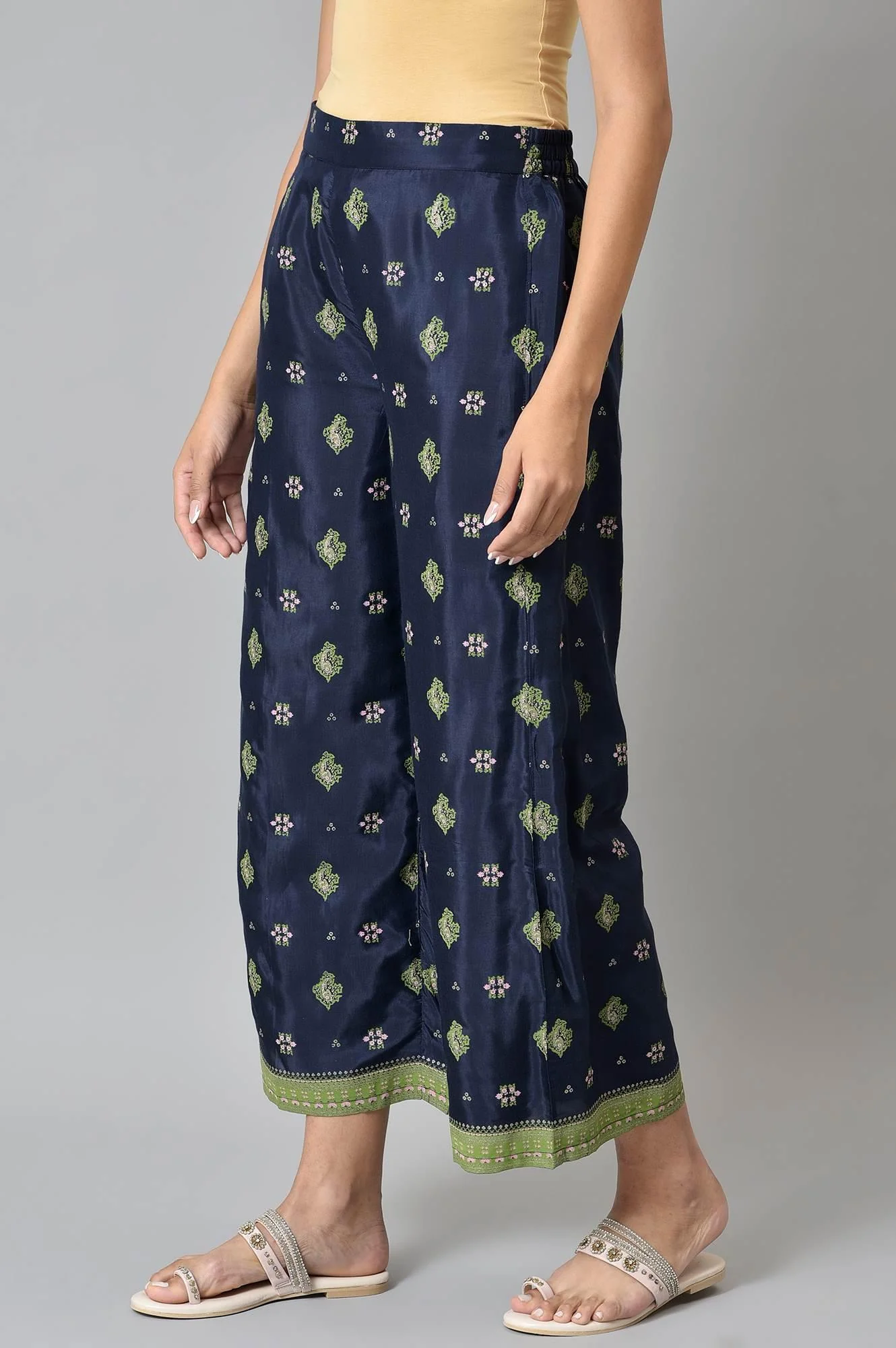 Blue Printed Shantung Plus Size Parallel Pants - Image 3