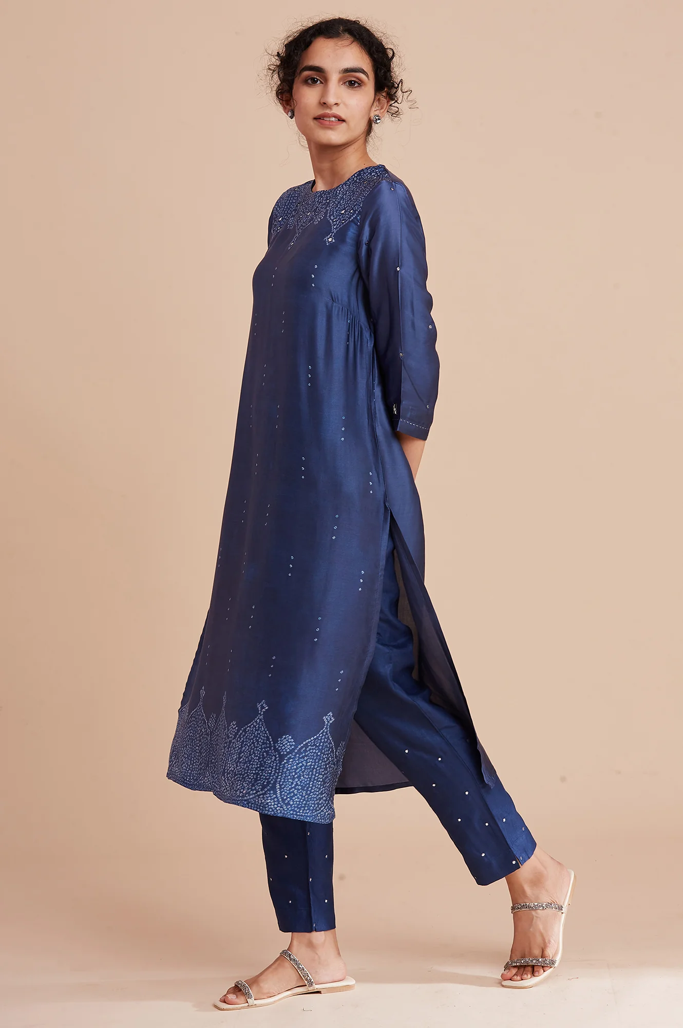 Blue Printed Straight kurta In Lustrous Satin - Image 3