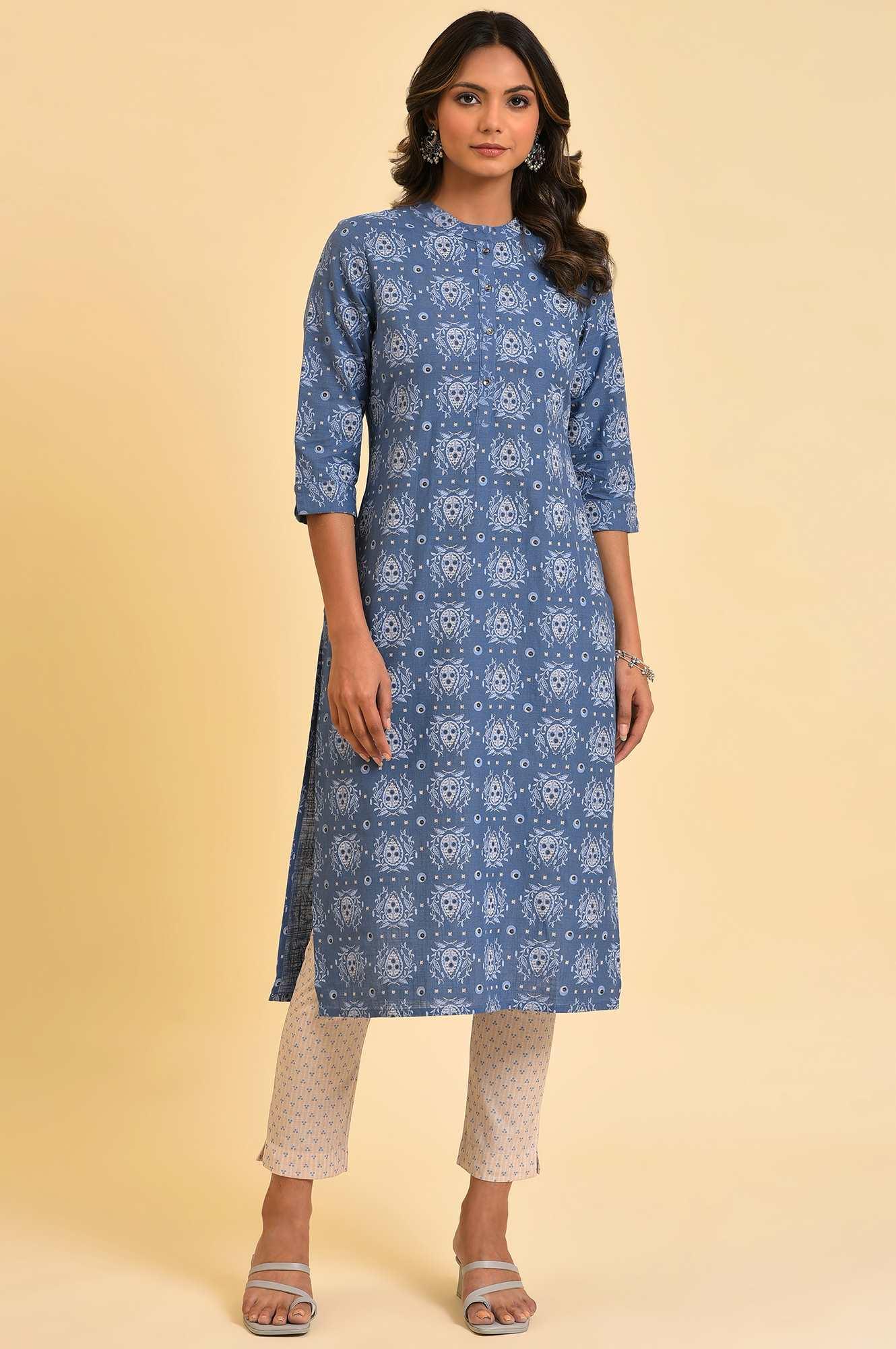 Blue Printed Straight kurta In Mandarin Collar - Image 6