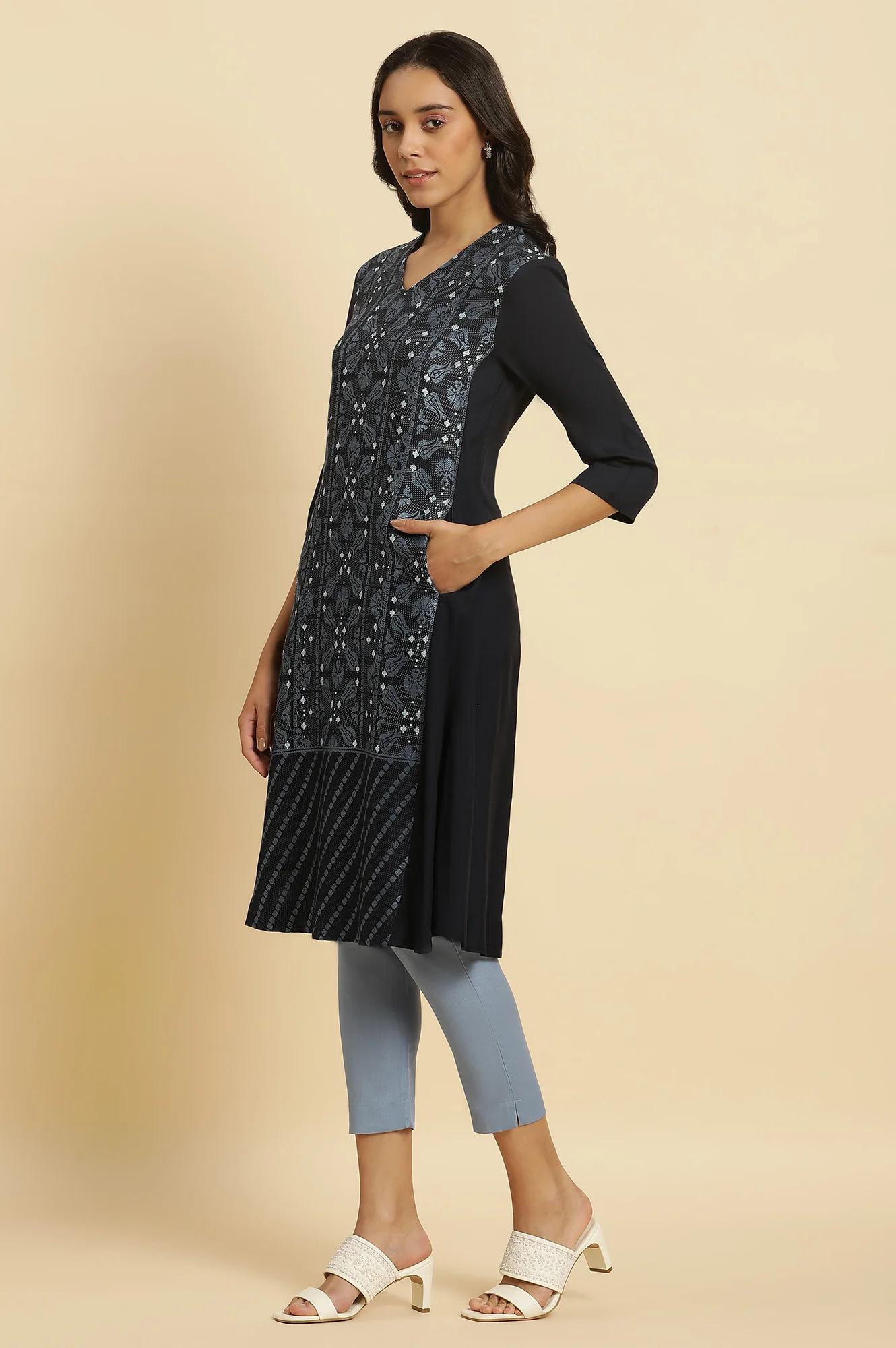 Blue Rayon Flared Kurta and Slim Pant Set - Image 3