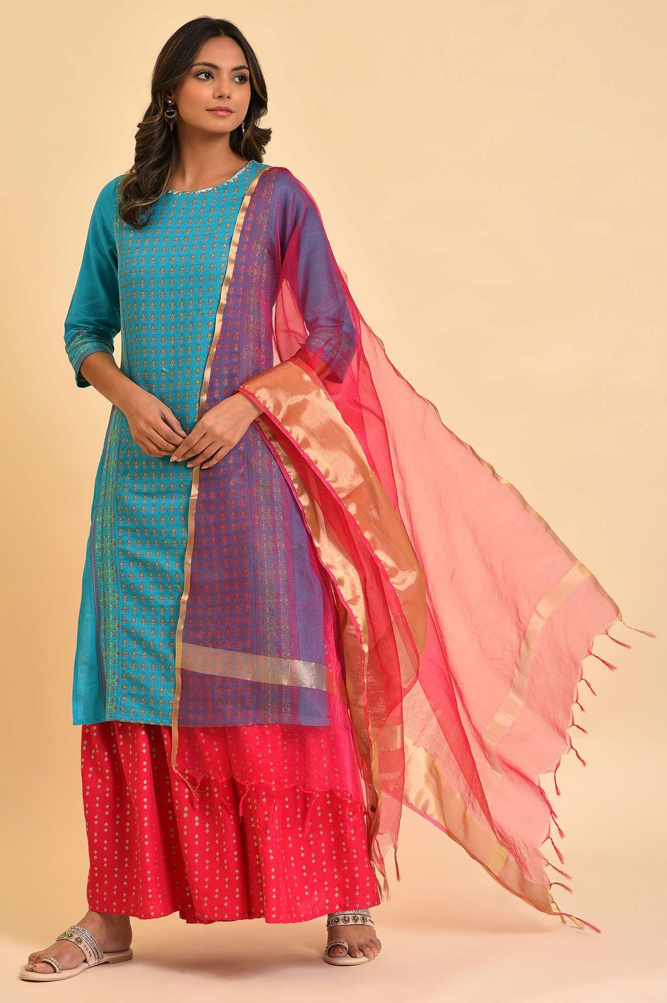 Blue Round Neck Dobby kurta With Sequins - Image 6