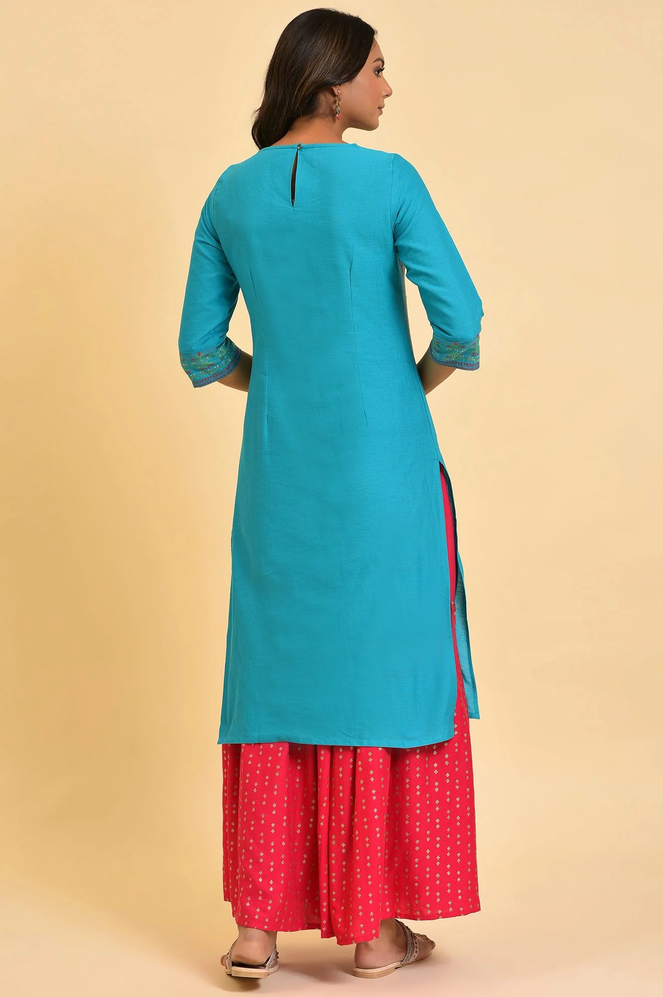 Blue Round Neck Dobby Kurta with Sequins - Image 2