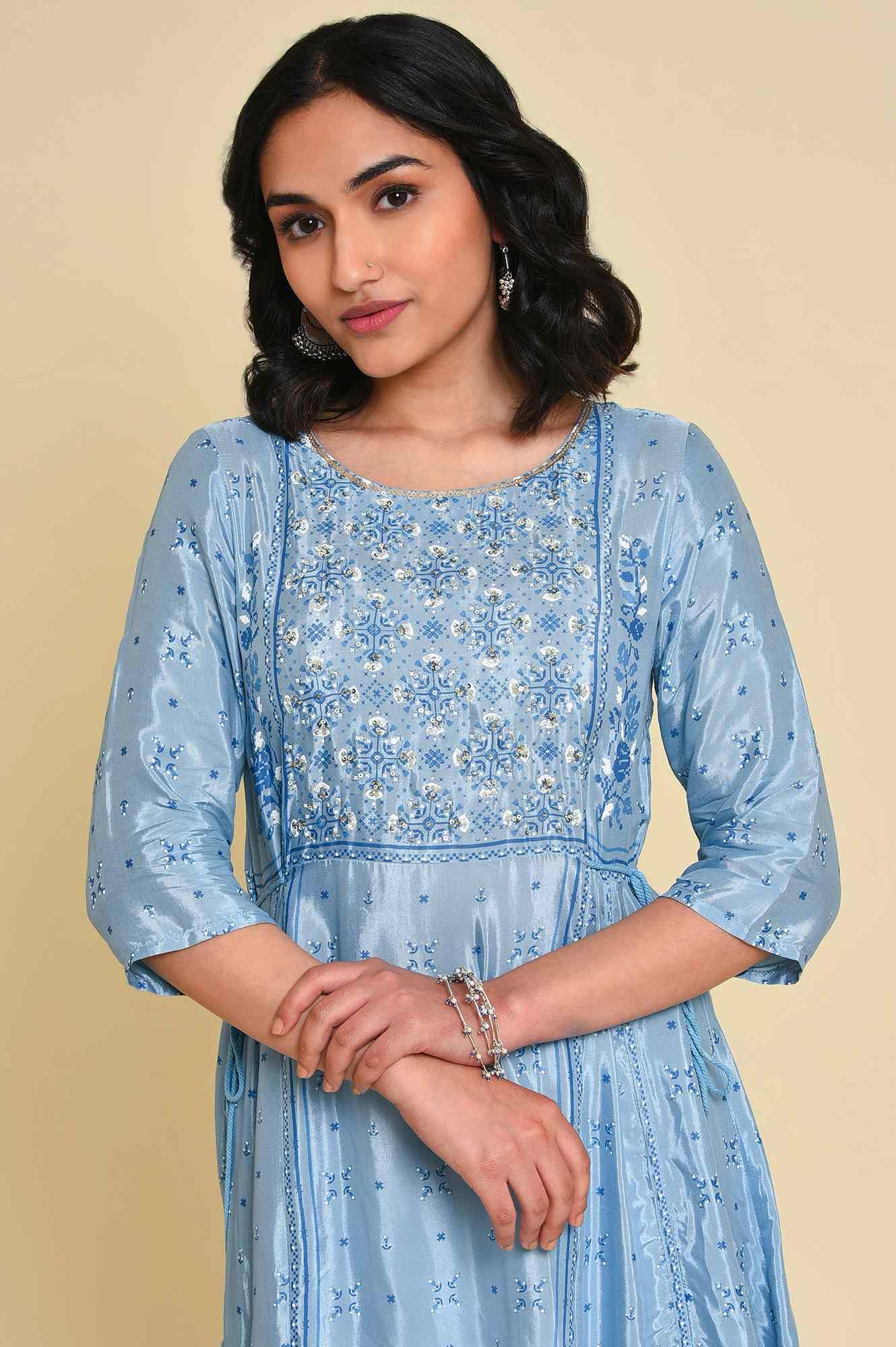 Blue Sequined Shantung kurta Set - Image 5