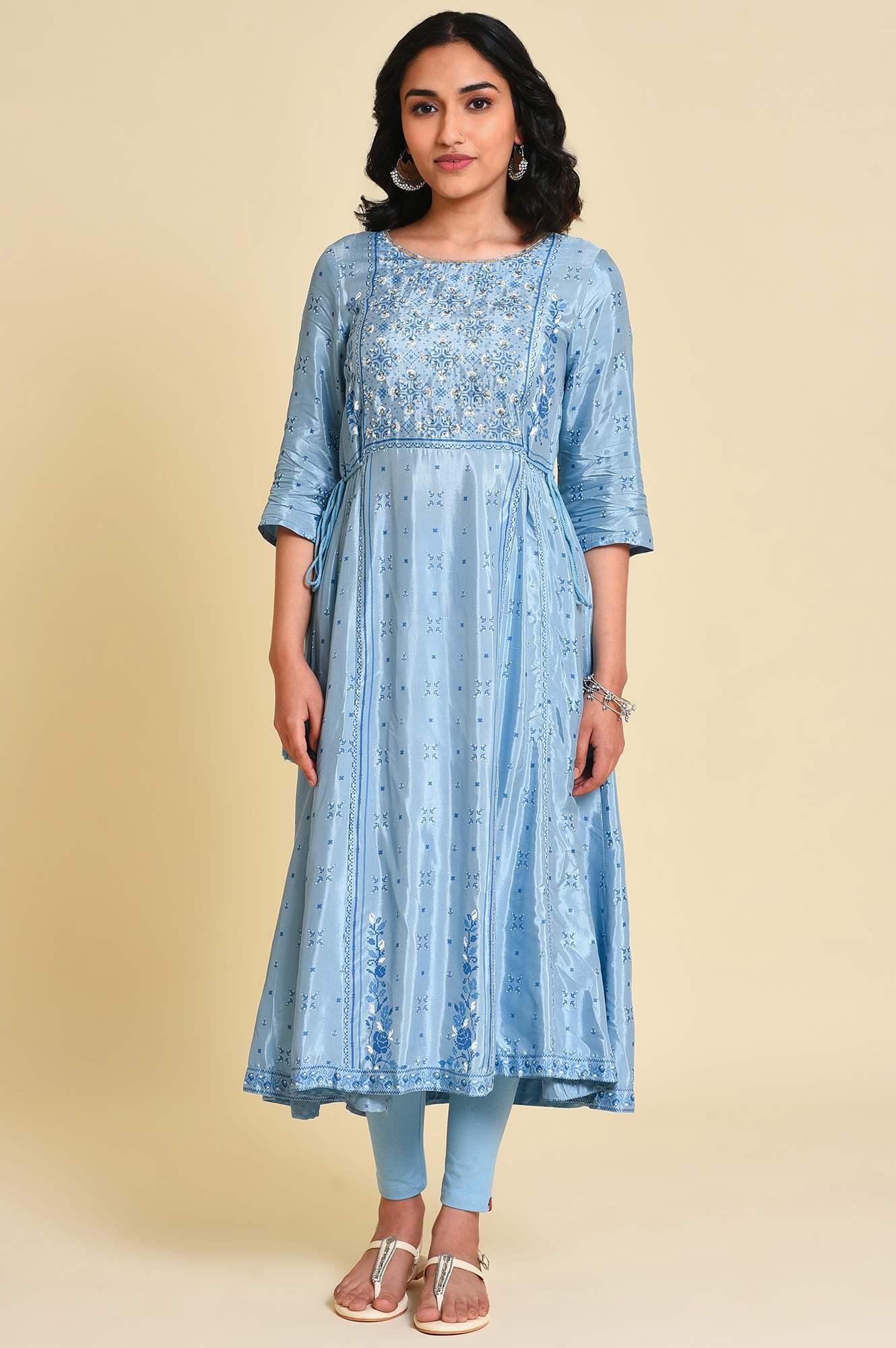 Blue Sequined Shantung kurta Set - Image 8