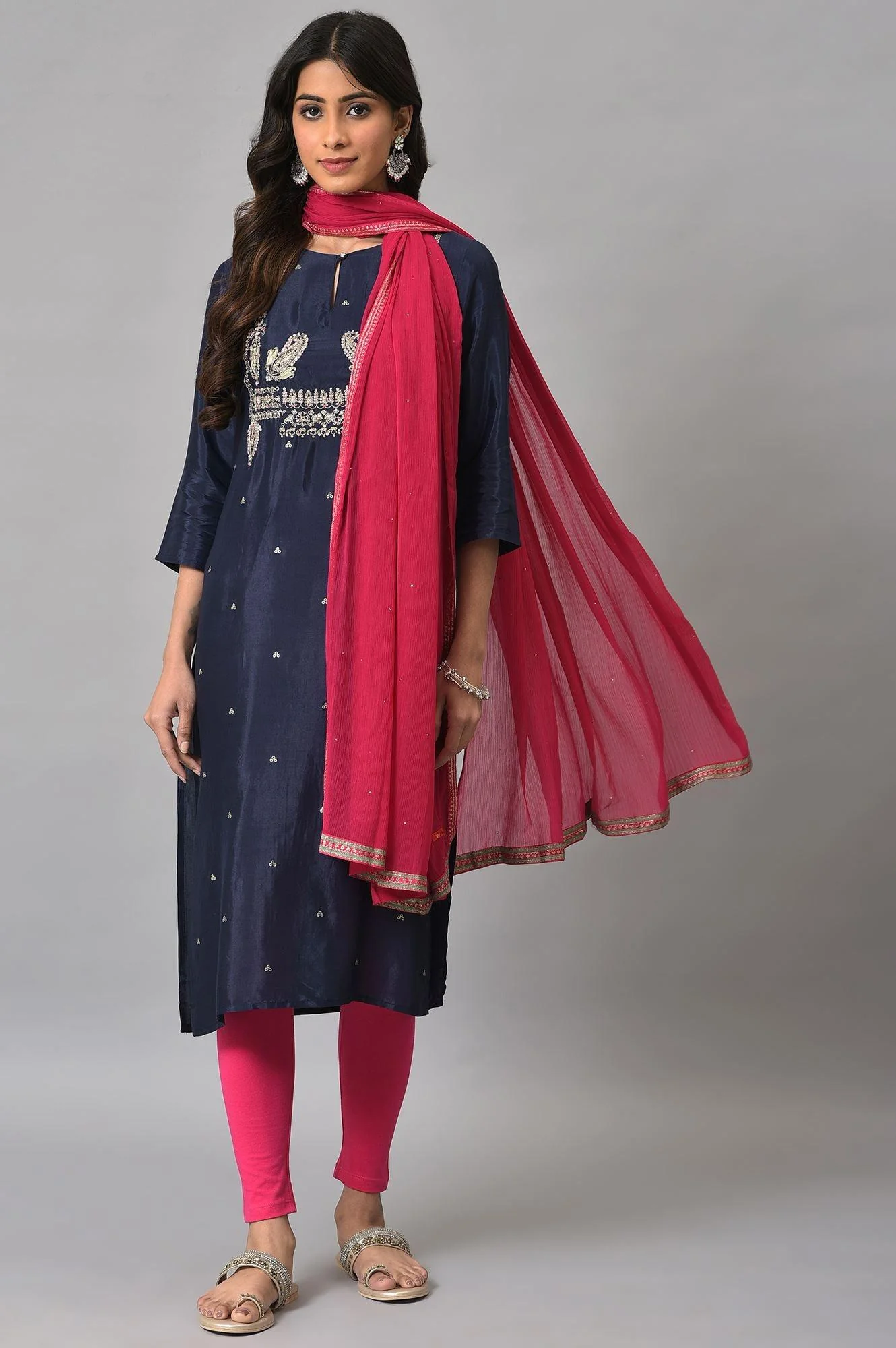 Blue Shatung Embroidered Festive kurta With Pink Tights And Chiffon Dupatta
