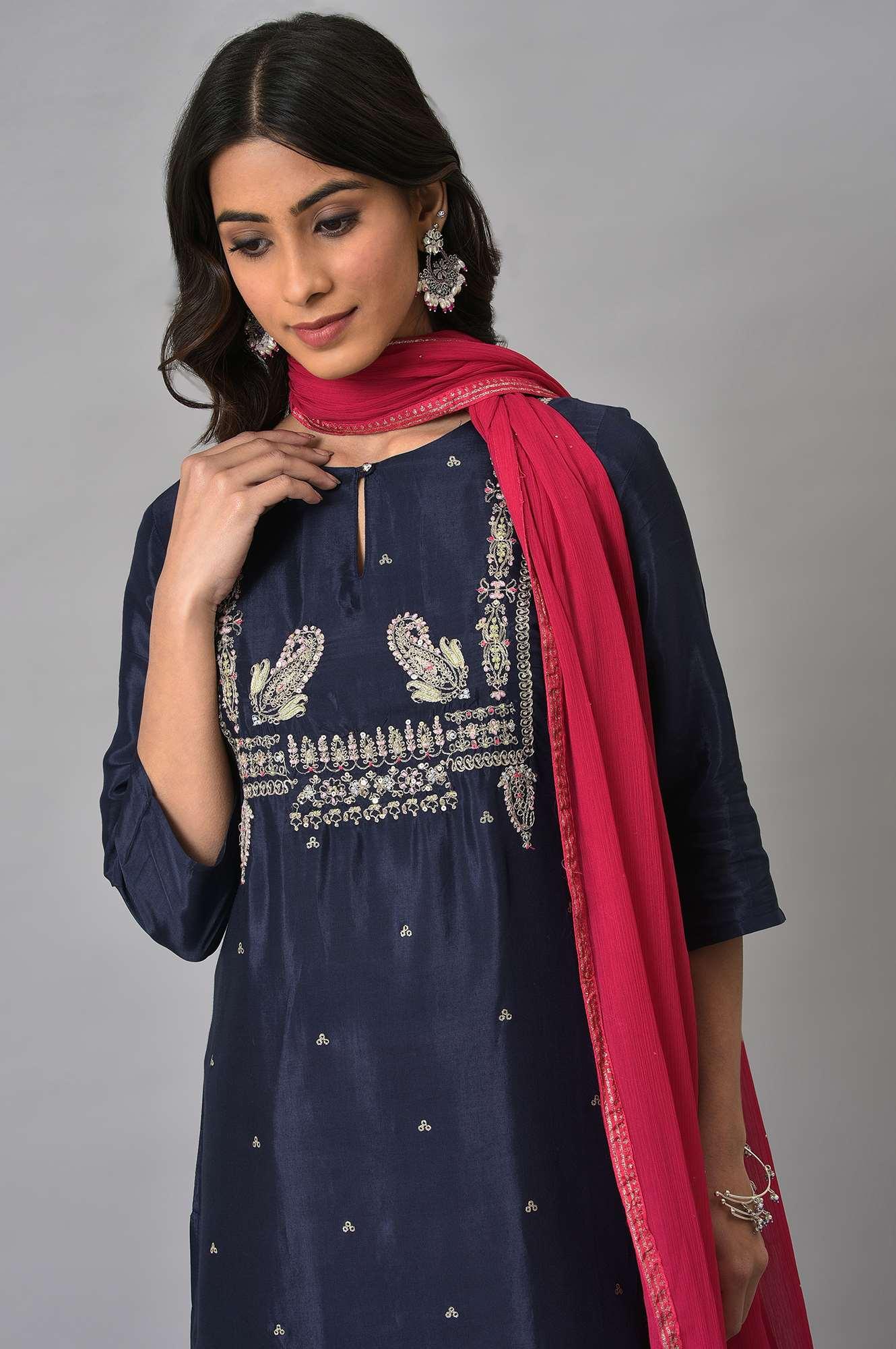 Blue Shatung Embroidered Festive kurta With Pink Tights And Chiffon Dupatta - Image 5
