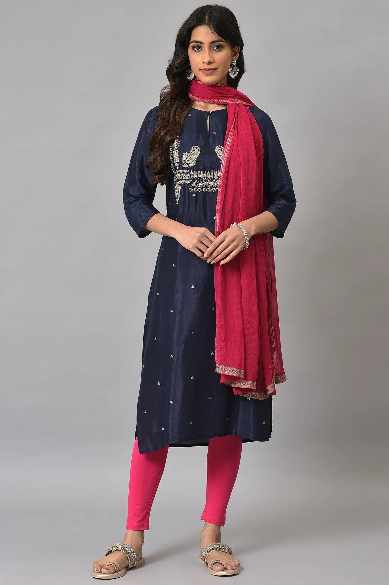 Blue Shatung Embroidered Festive kurta With Pink Tights And Chiffon Dupatta - Image 9