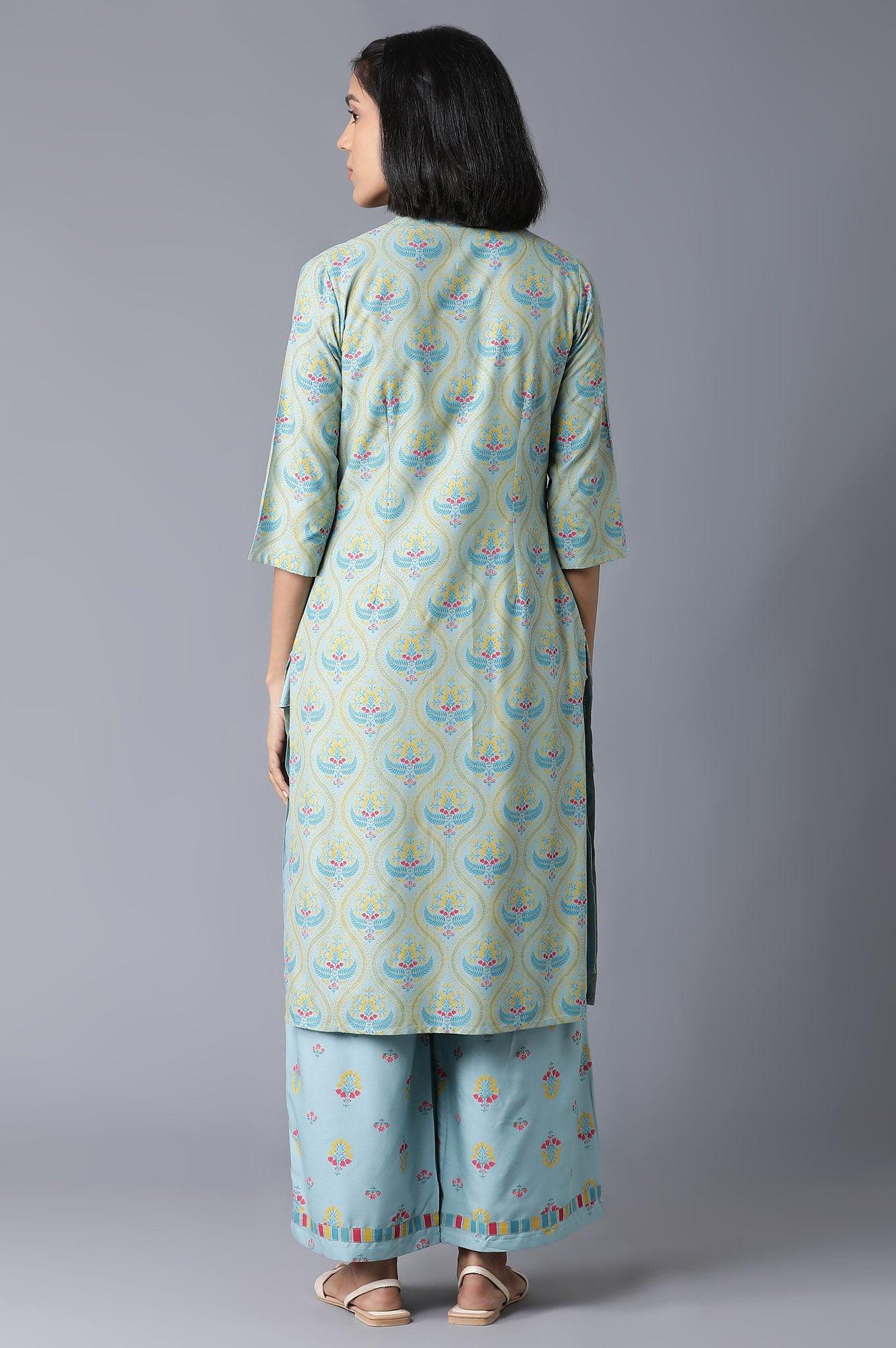Blue Sleeveless kurta, Jacket and Parallel Pants Set - Image 2