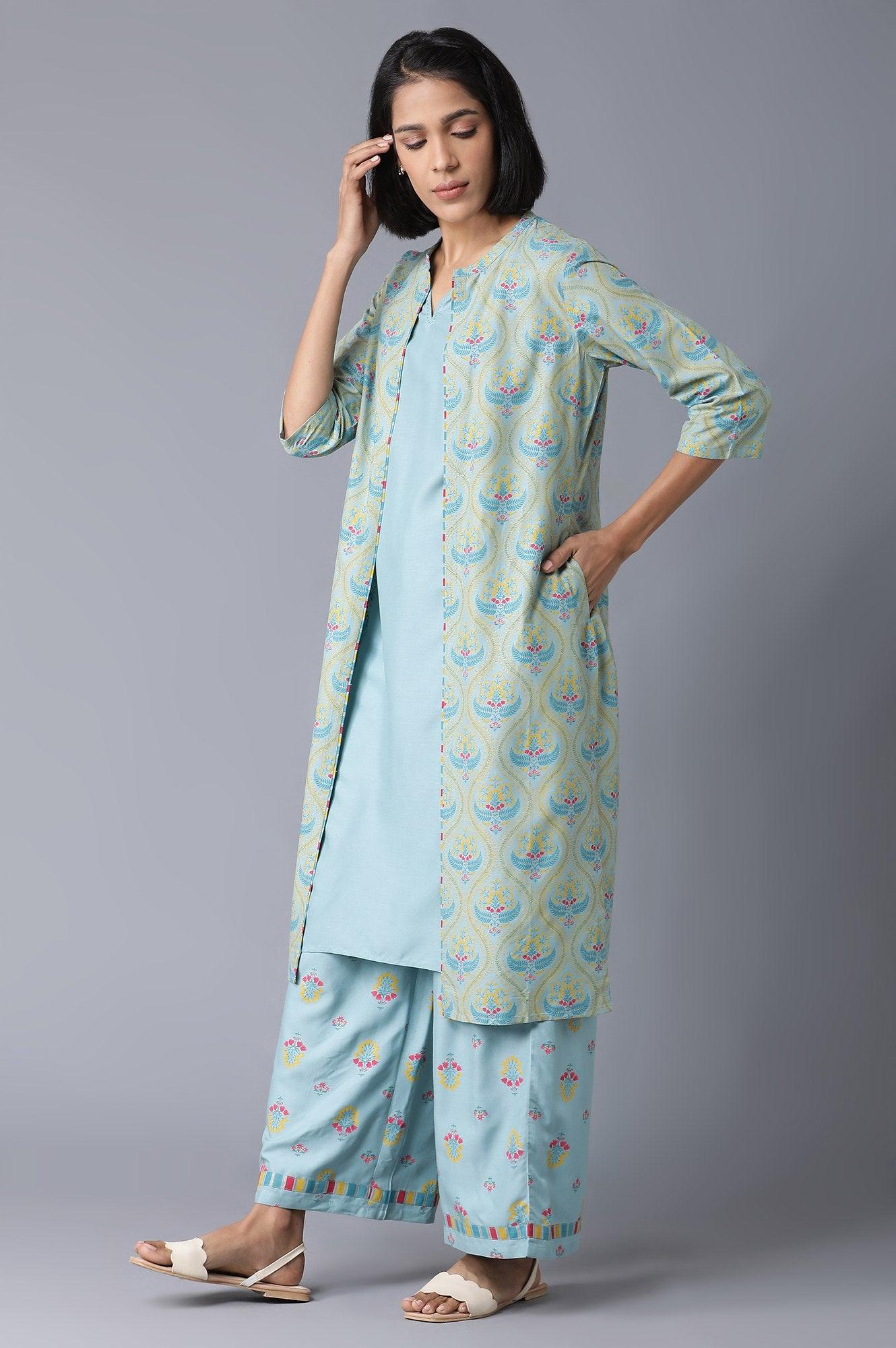 Blue Sleeveless kurta, Jacket and Parallel Pants Set - Image 3