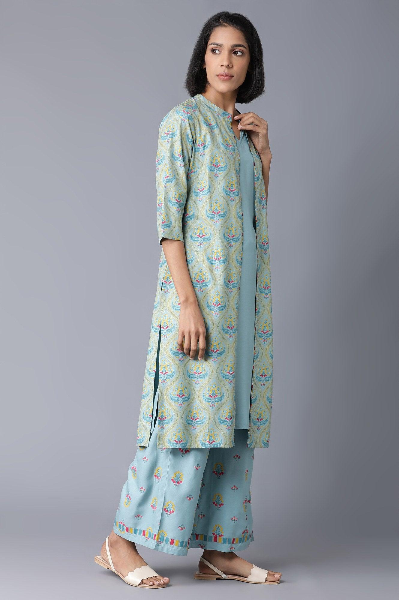Blue Sleeveless kurta, Jacket and Parallel Pants Set - Image 4