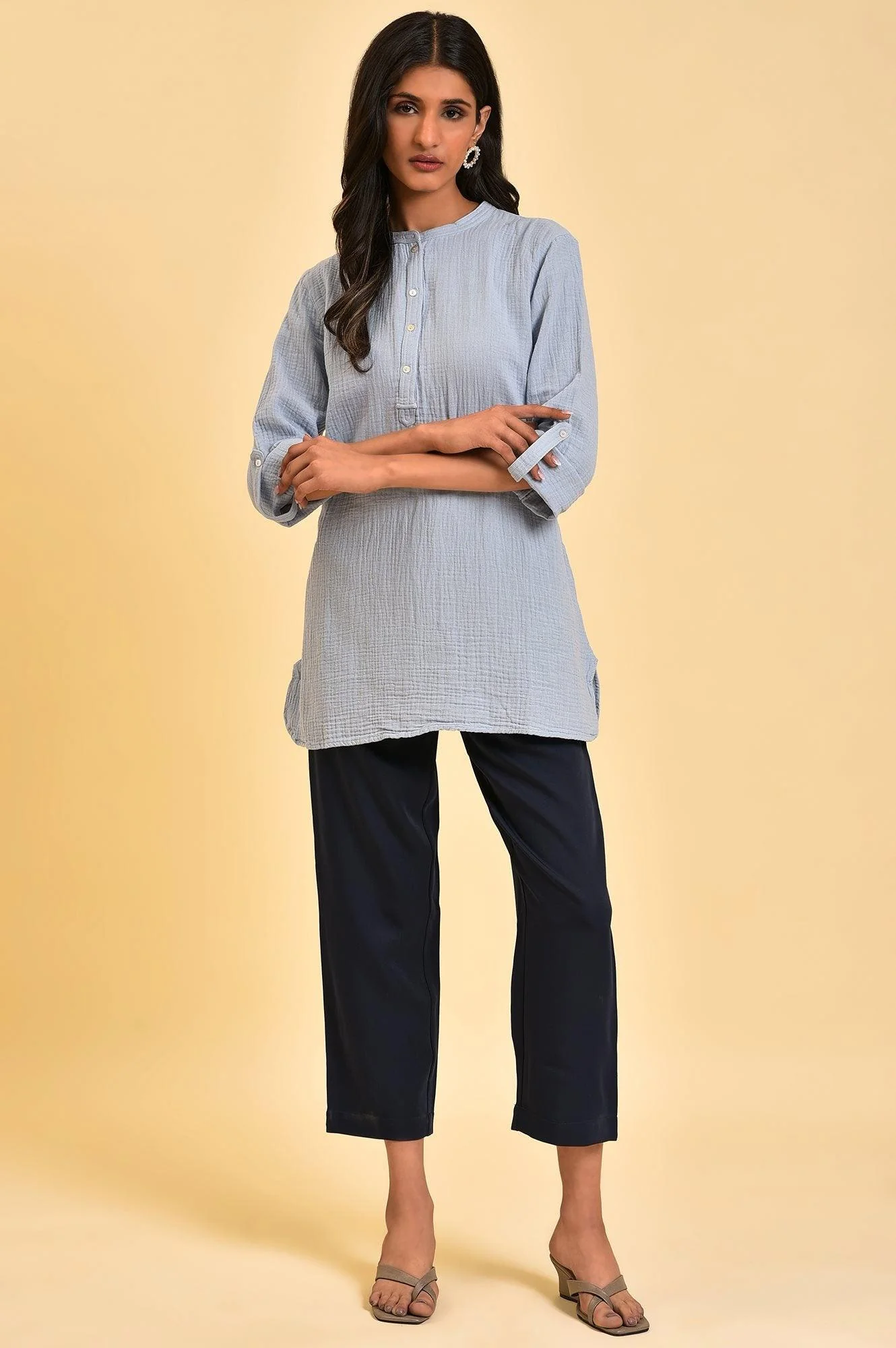 Blue Solid Cotton Casual Top - Image 6