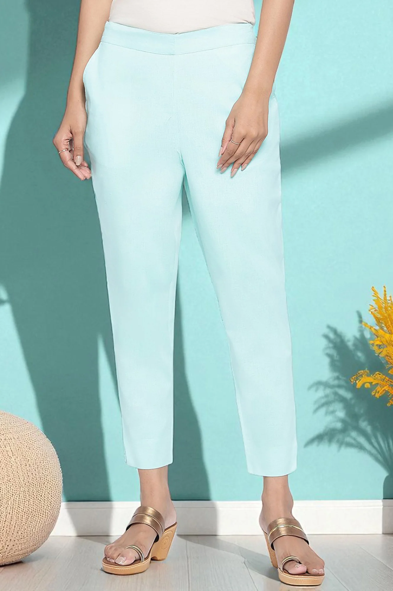 Elleven Women's Blue Solid Cotton Flax Ankle Length Trousers
