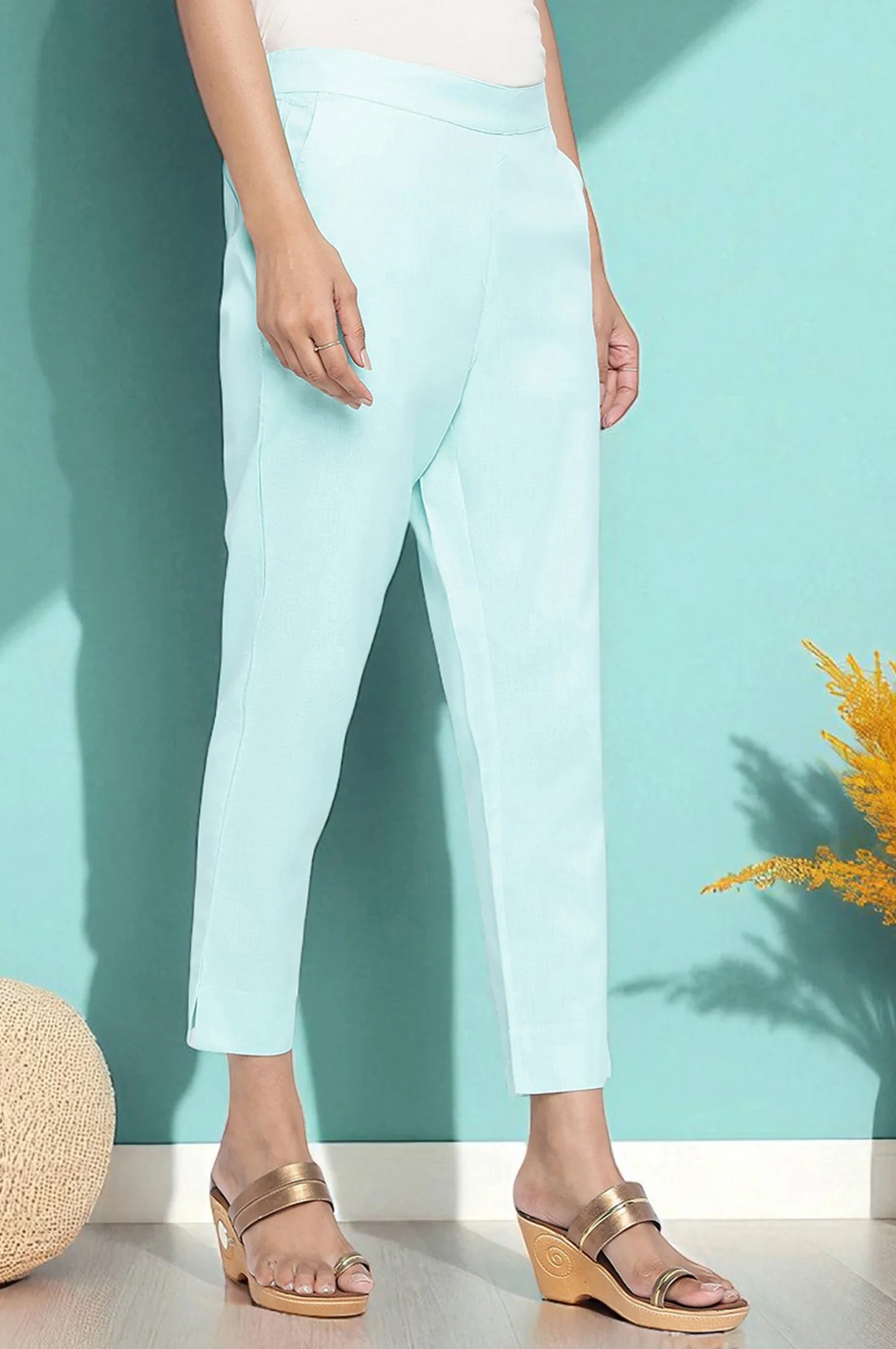 Elleven Women's Blue Solid Cotton Flax Ankle Length Trousers - Image 3