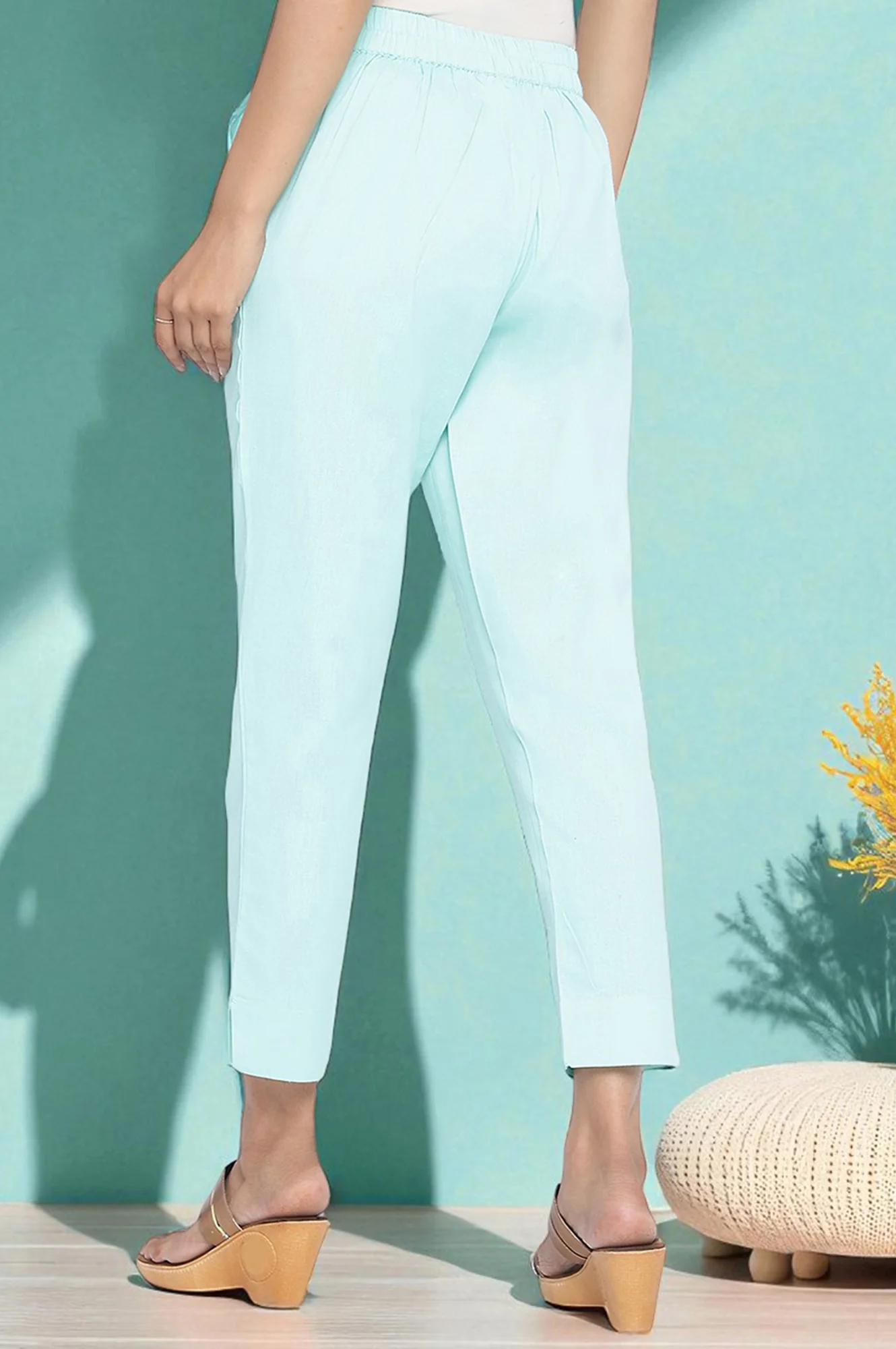 Elleven Women's Blue Solid Cotton Flax Ankle Length Trousers - Image 4