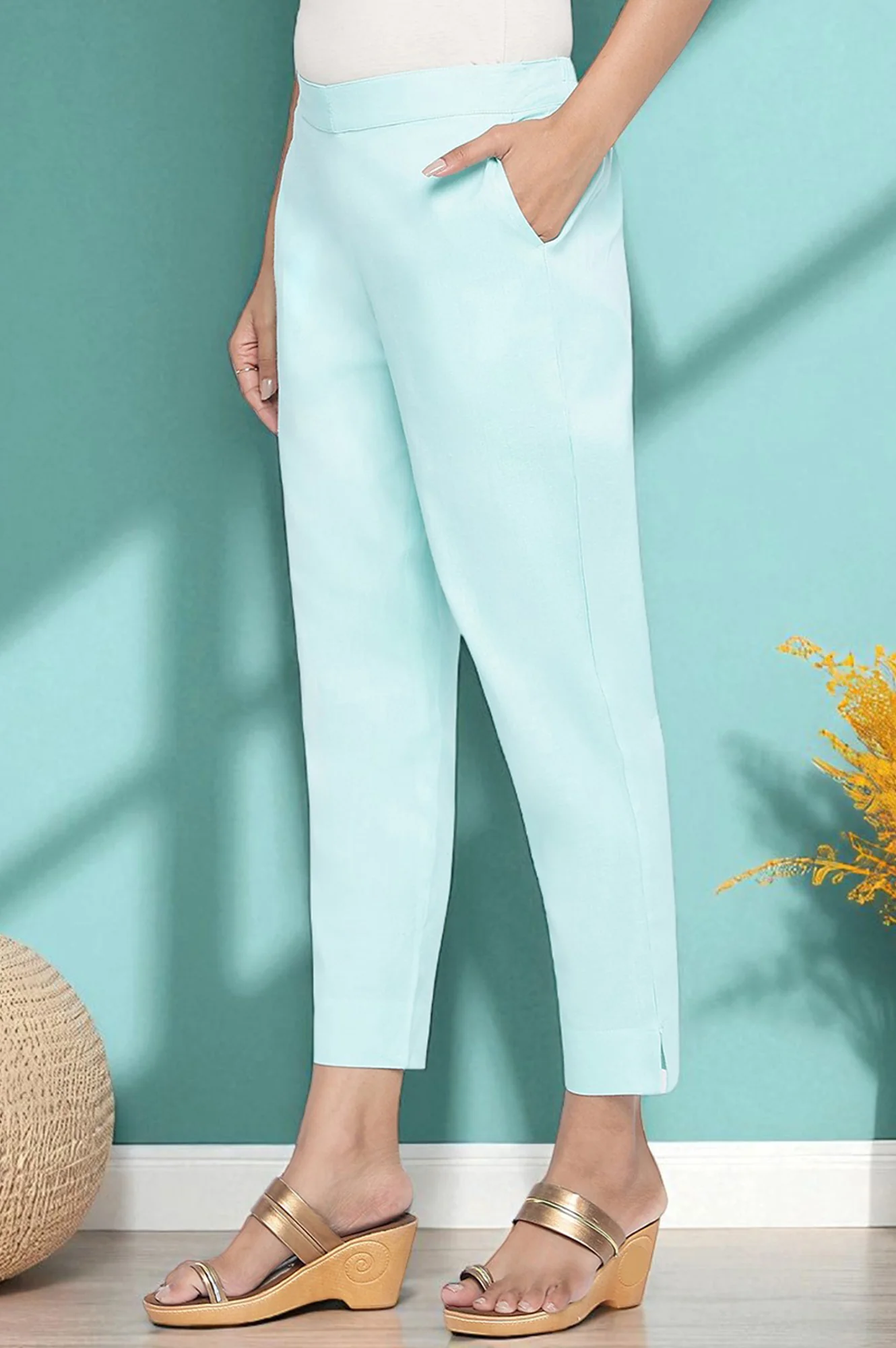 Elleven Women's Blue Solid Cotton Flax Ankle Length Trousers - Image 5