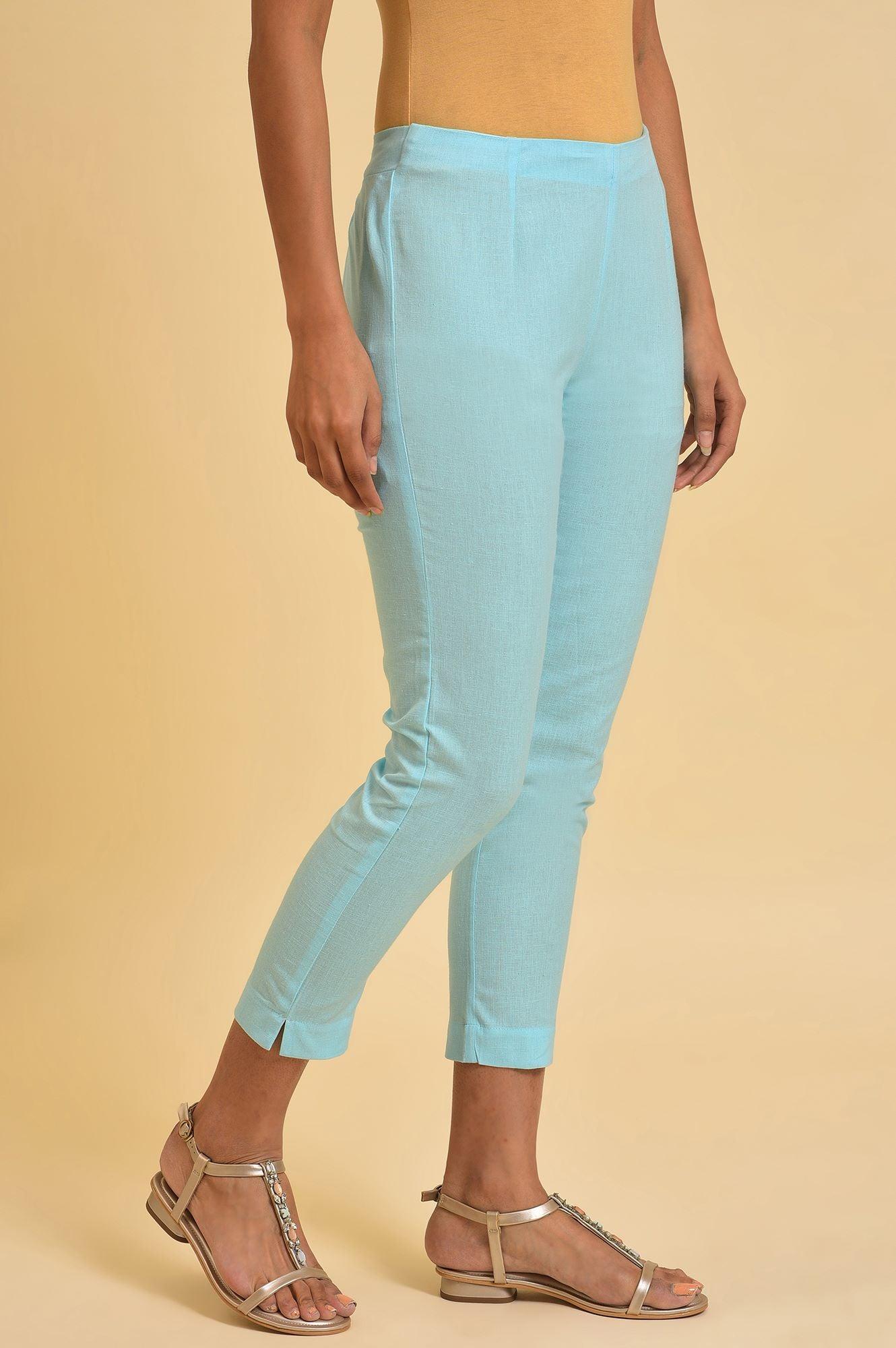 Blue Solid Cotton Flax Slim Pants - Image 4