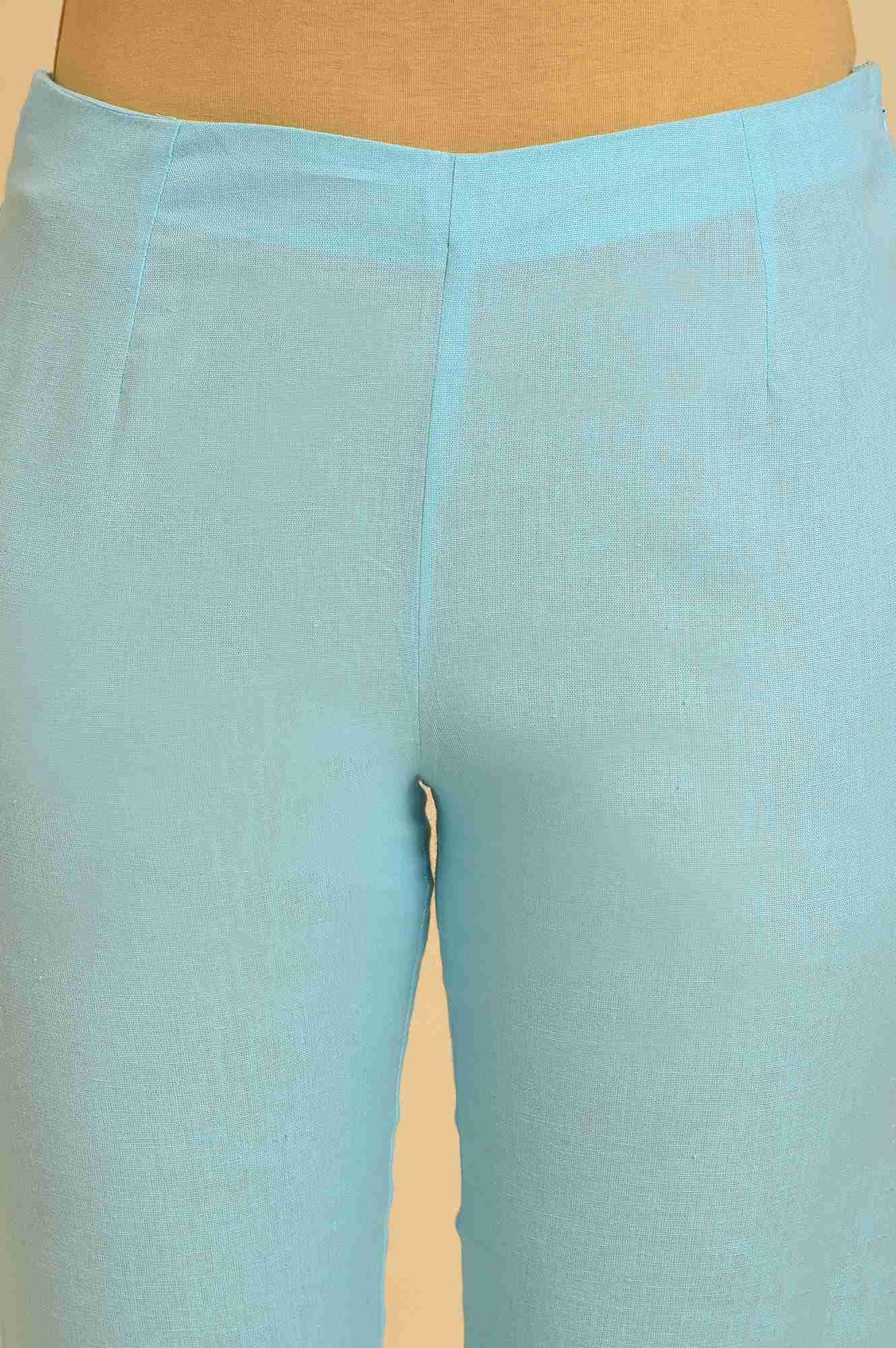 Blue Solid Cotton Flax Slim Pants - Image 6